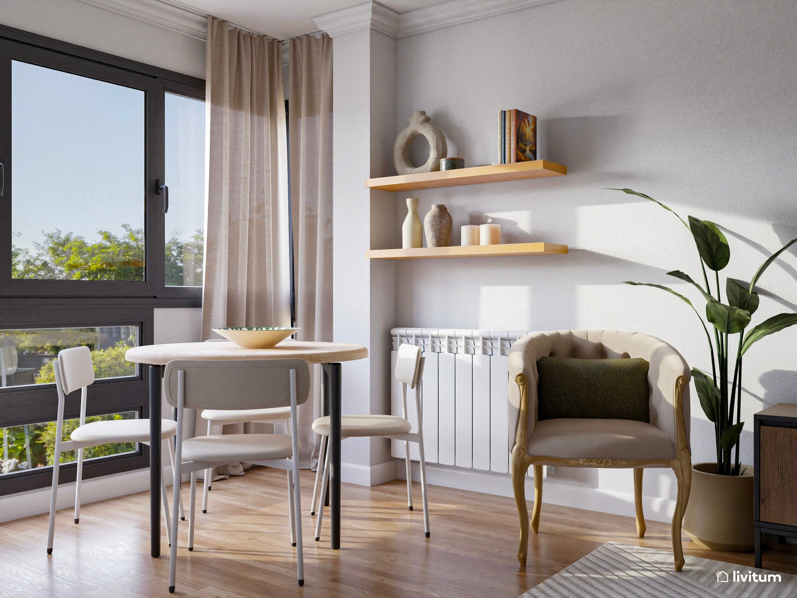 Salón comedor largo y estrecho con zona de escritorio