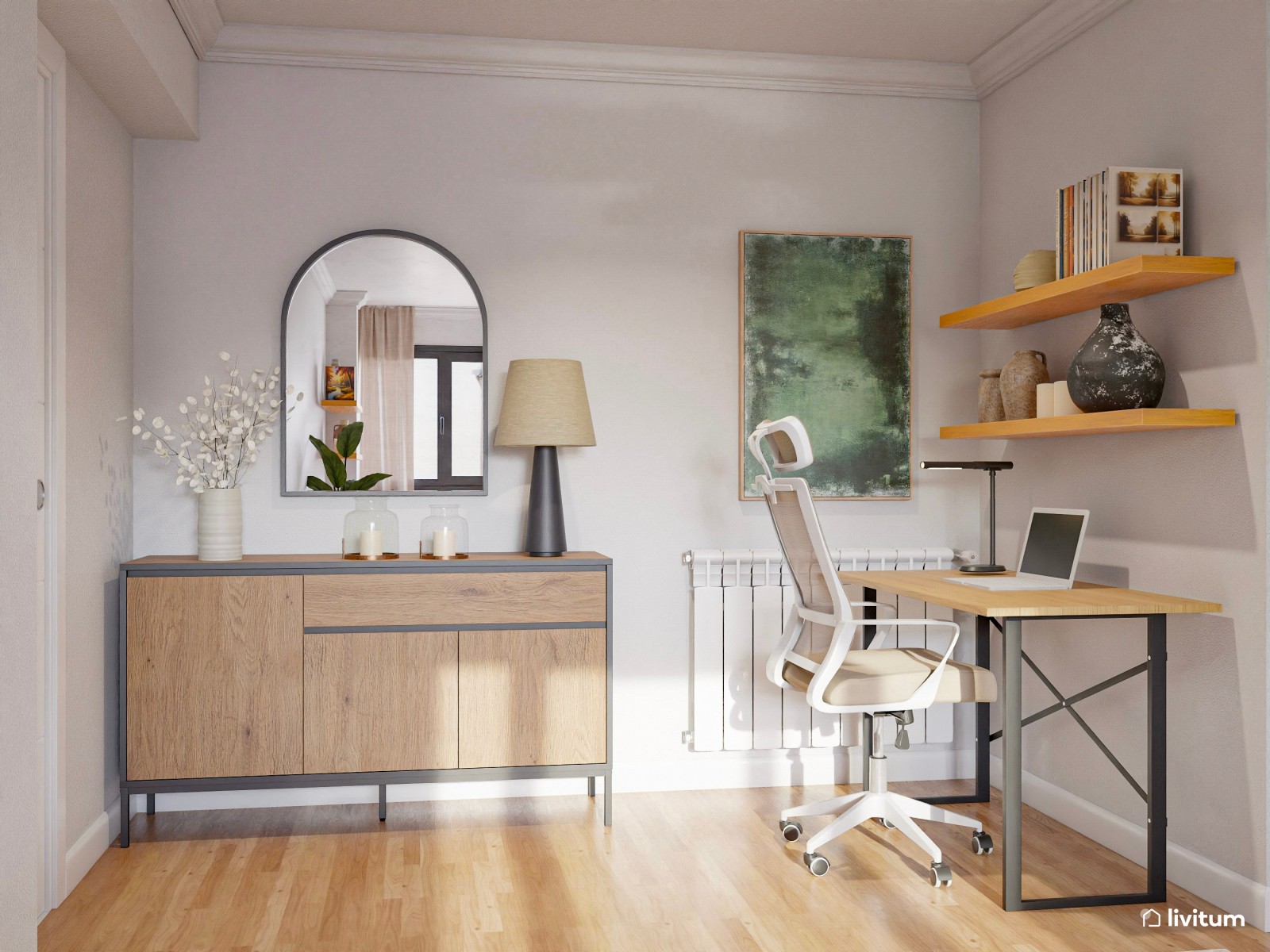 Salón comedor largo y estrecho con zona de escritorio