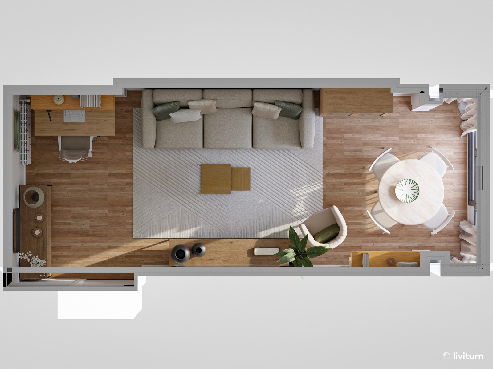 Salón comedor largo y estrecho con zona de escritorio