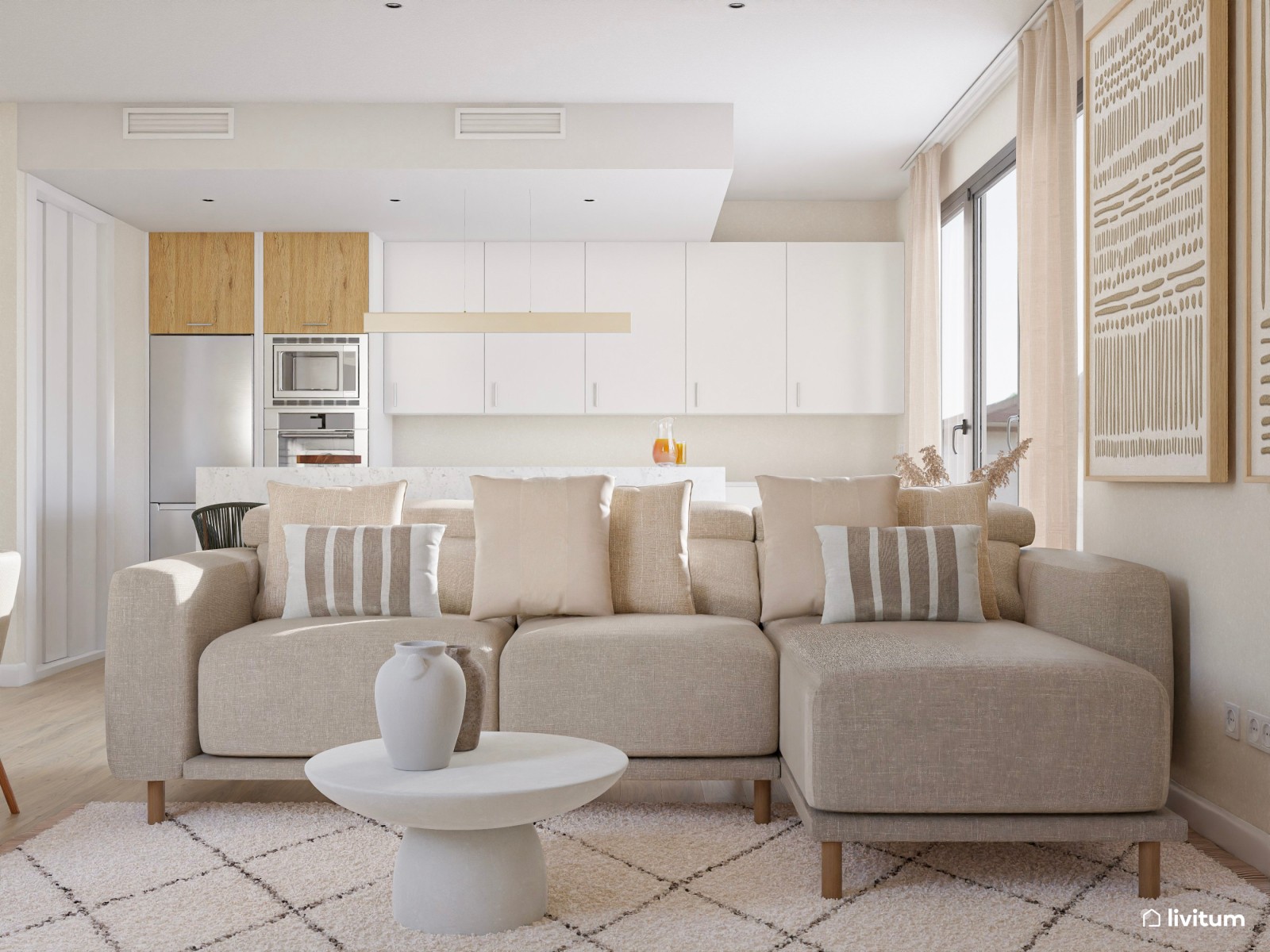 Salón comedor minimalista cálido con cocina abierta en suaves tonos tierra y detalles en madera