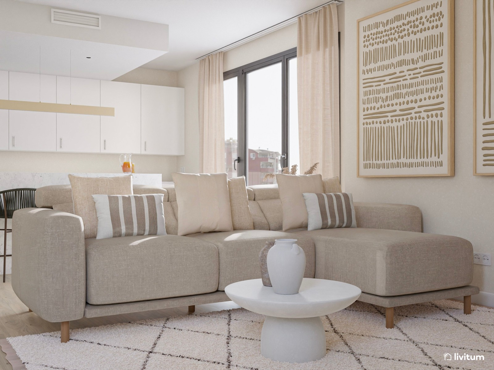 Salón comedor minimalista cálido con cocina abierta en suaves tonos tierra y detalles en madera