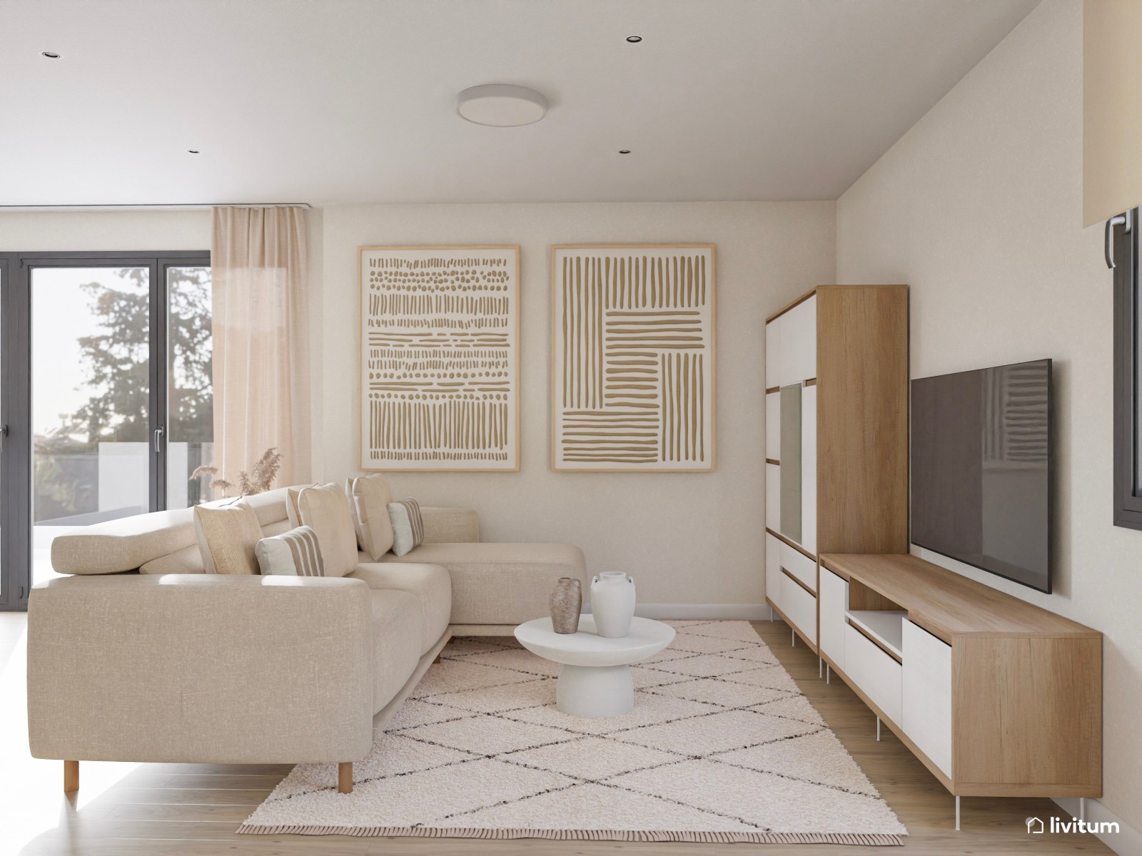 Salón comedor minimalista cálido con cocina abierta en suaves tonos tierra y detalles en madera