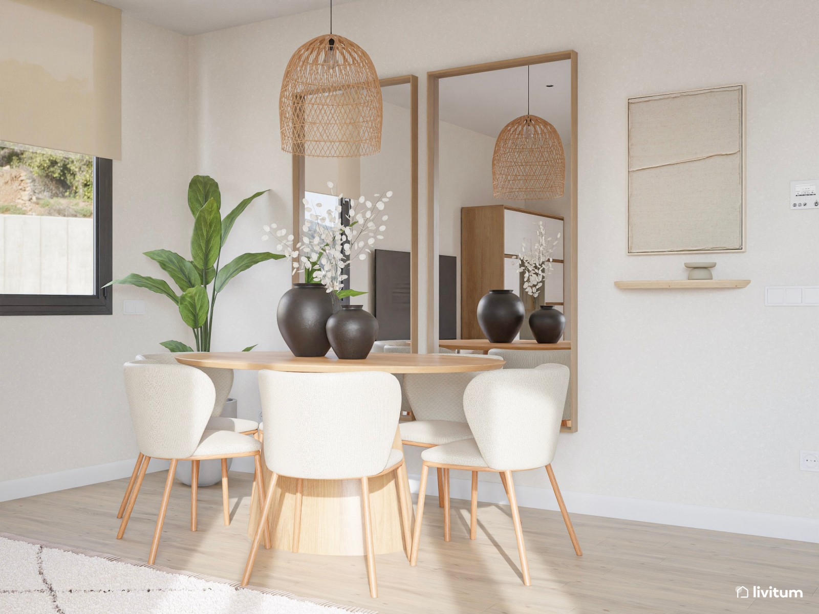 Salón comedor minimalista cálido con cocina abierta en suaves tonos tierra y detalles en madera