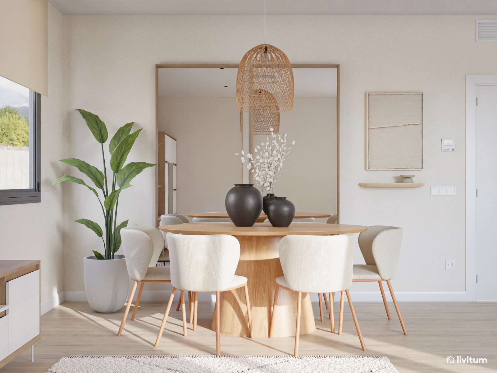 Salón comedor minimalista cálido con cocina abierta en suaves tonos tierra y detalles en madera