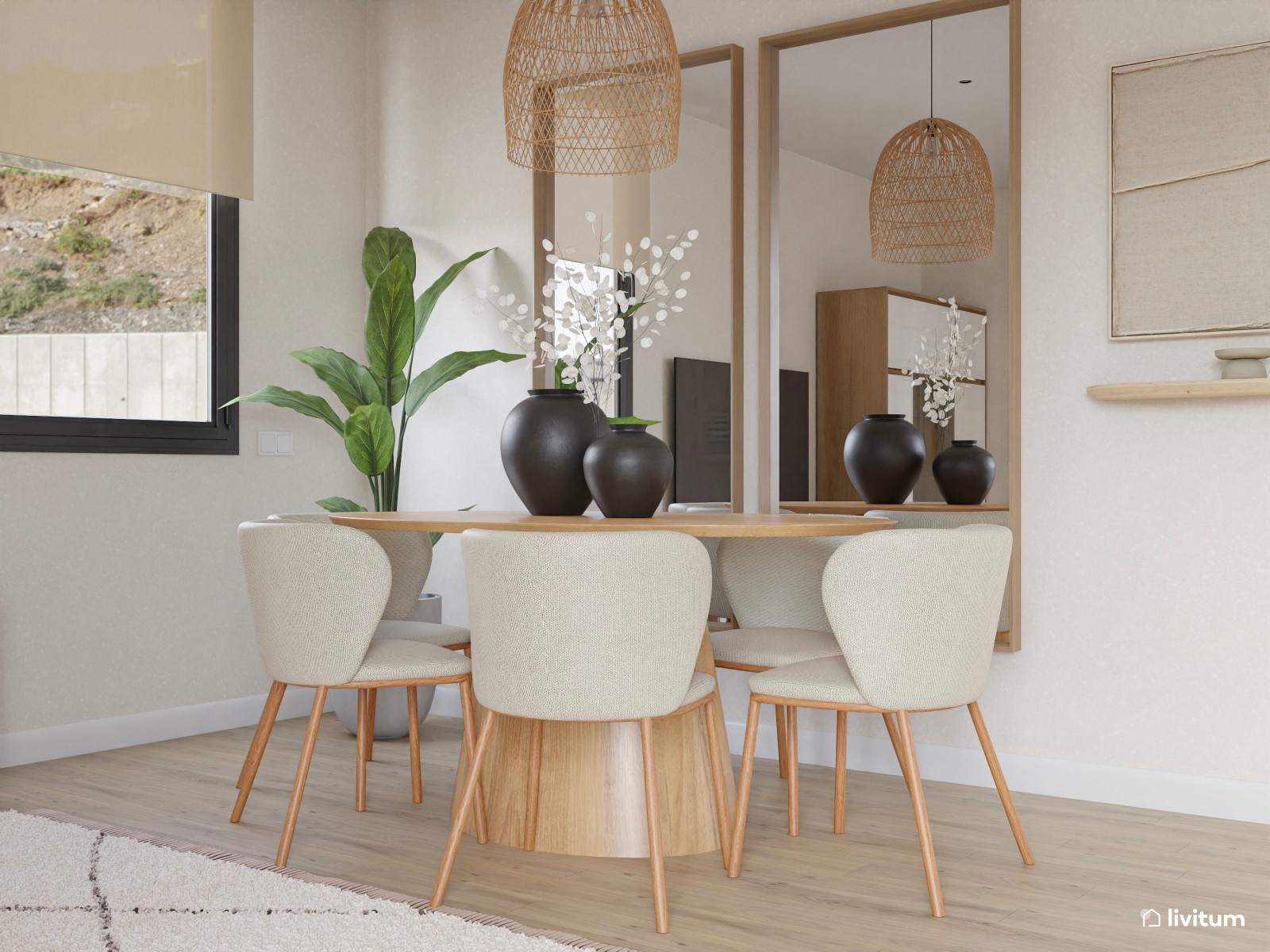 Salón comedor minimalista cálido con cocina abierta en suaves tonos tierra y detalles en madera