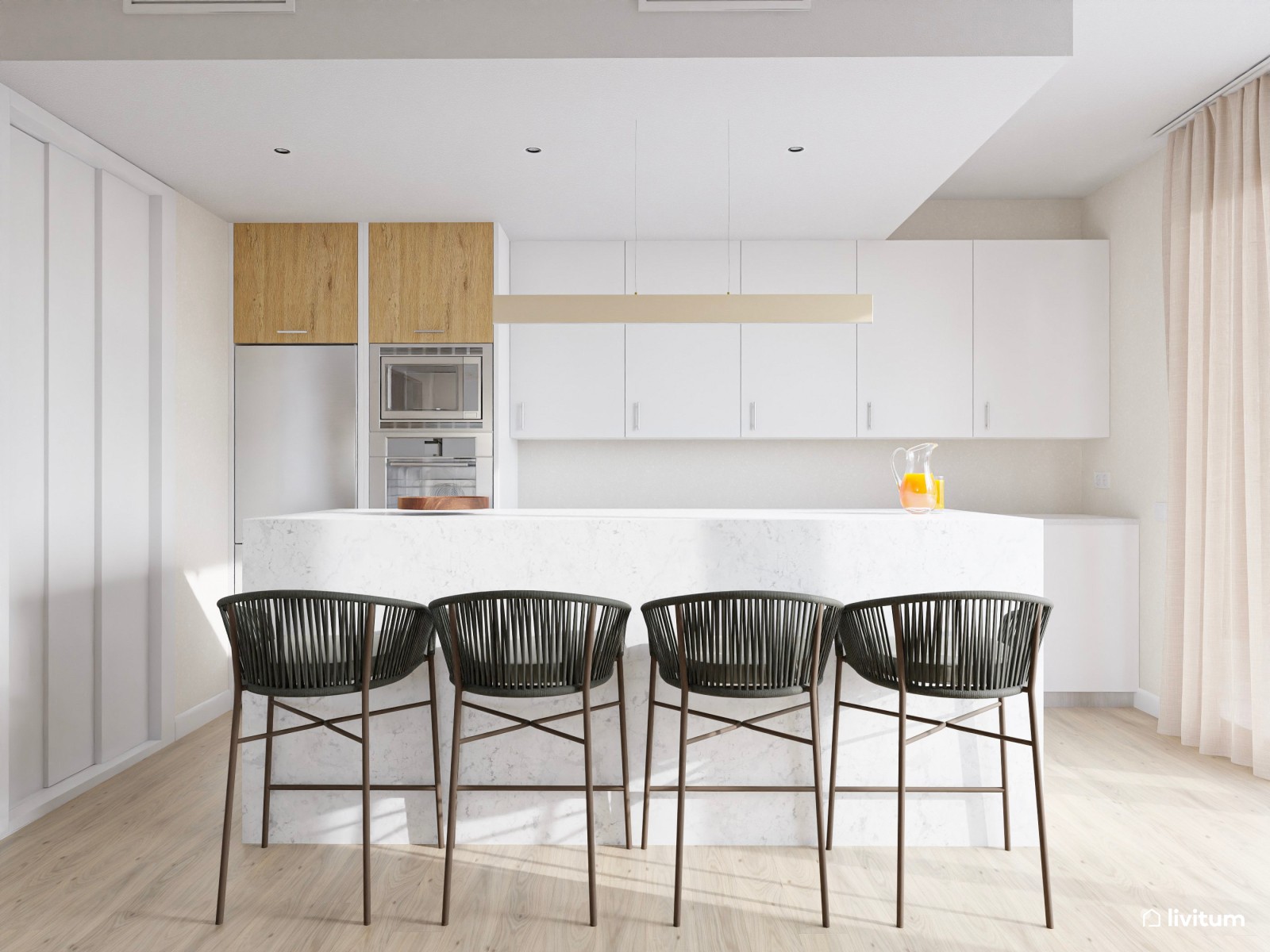 Salón comedor minimalista cálido con cocina abierta en suaves tonos tierra y detalles en madera