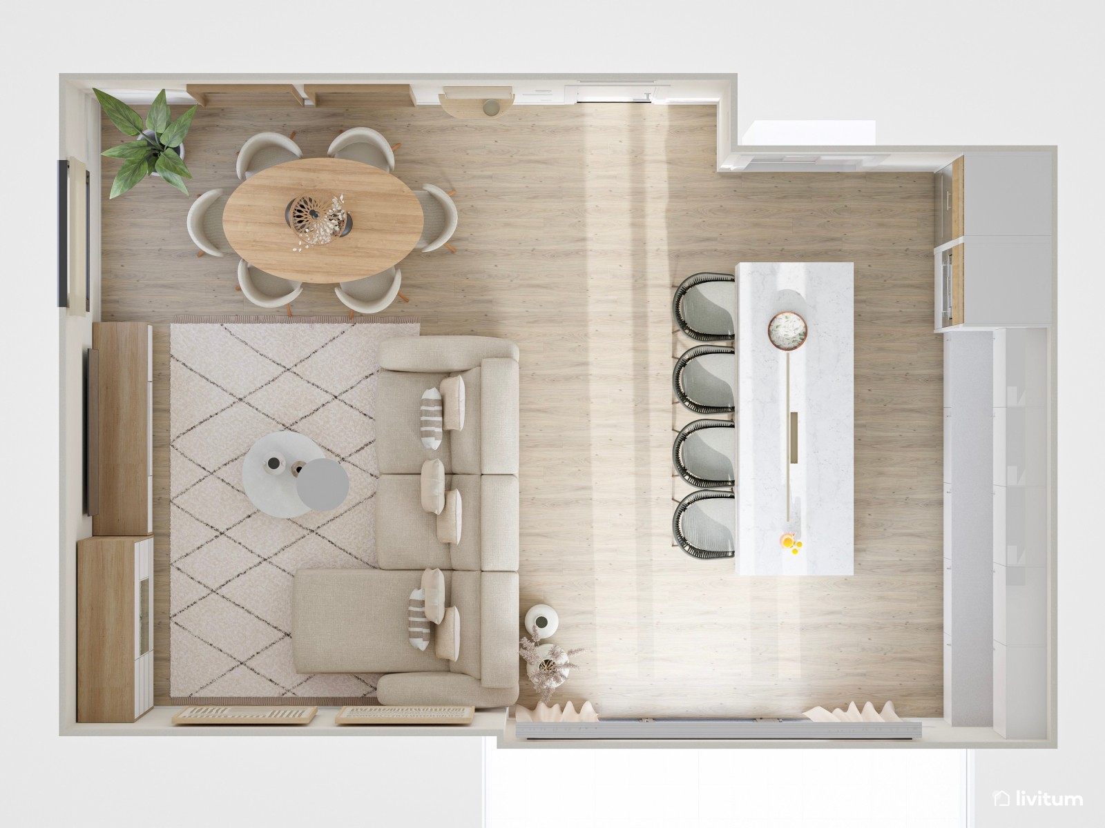 Salón comedor minimalista cálido con cocina abierta en suaves tonos tierra y detalles en madera
