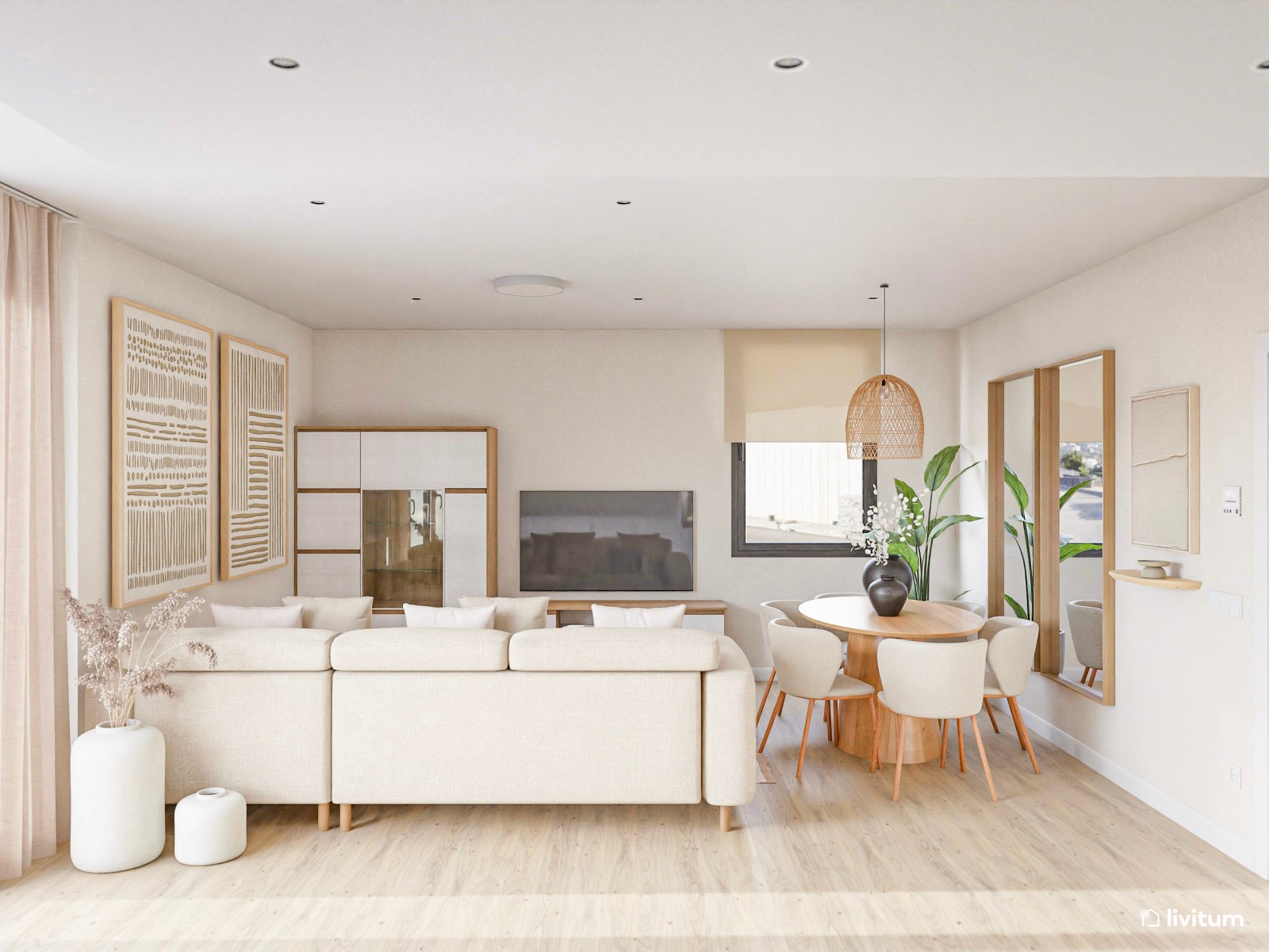 Salón comedor minimalista cálido con cocina abierta en suaves tonos tierra y detalles en madera