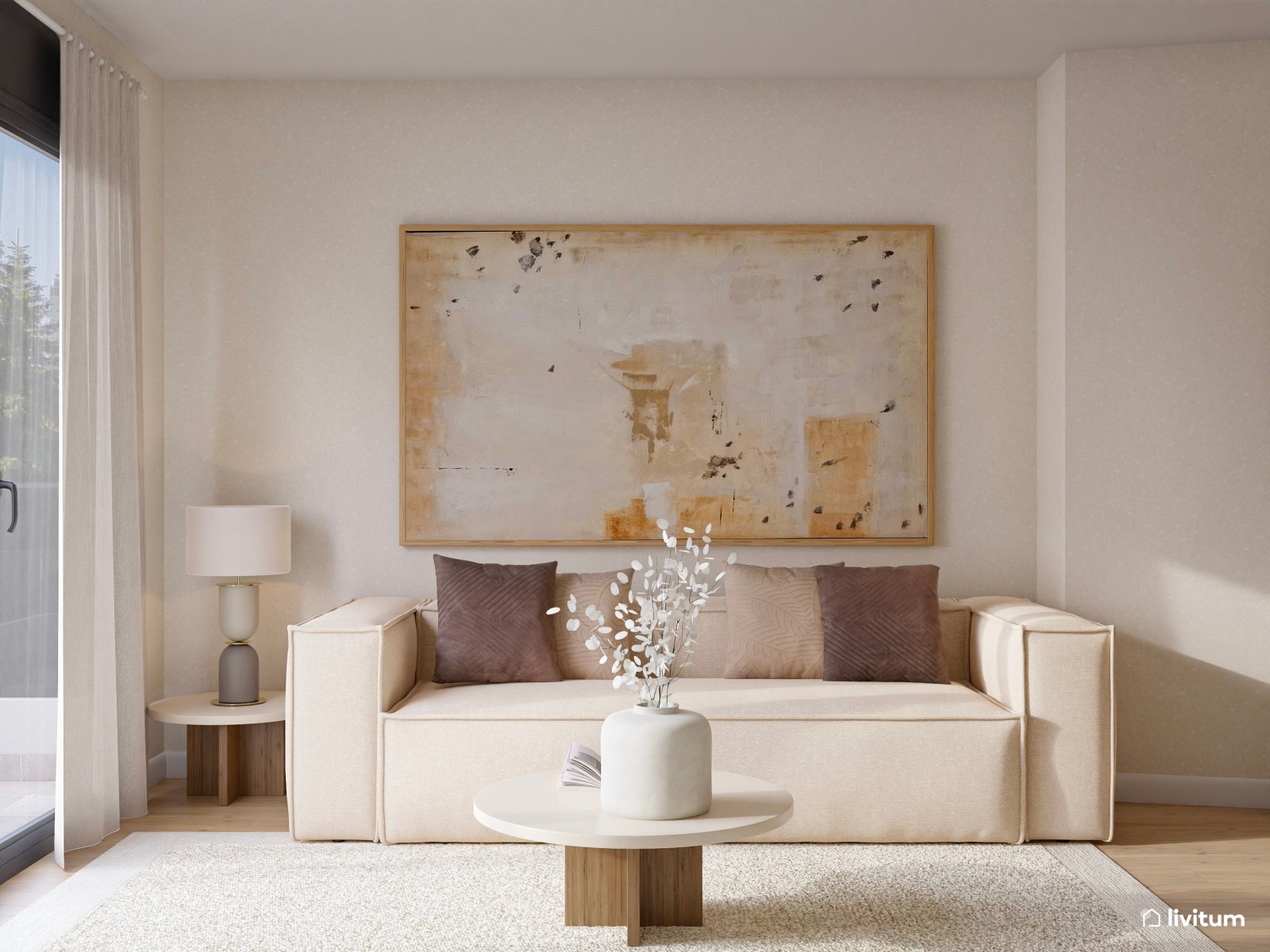 Salón comedor minimalista cálido con planta irregular 