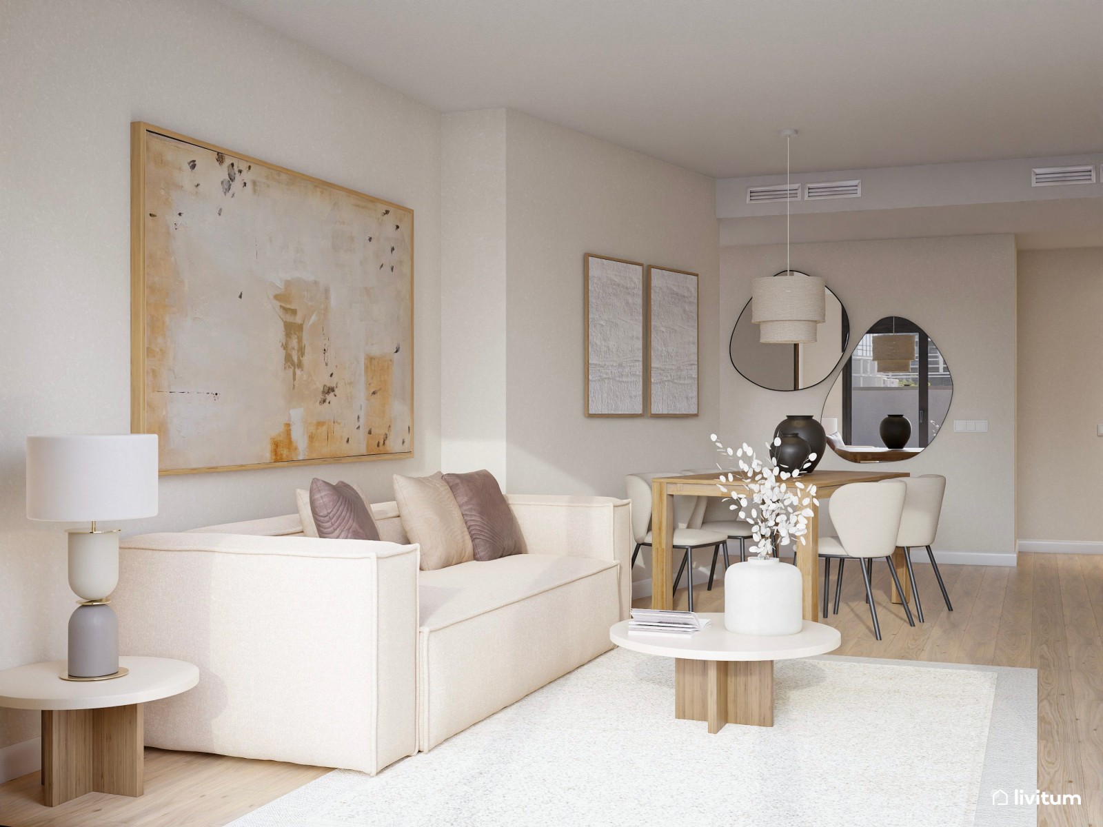 Salón comedor minimalista cálido con planta irregular 