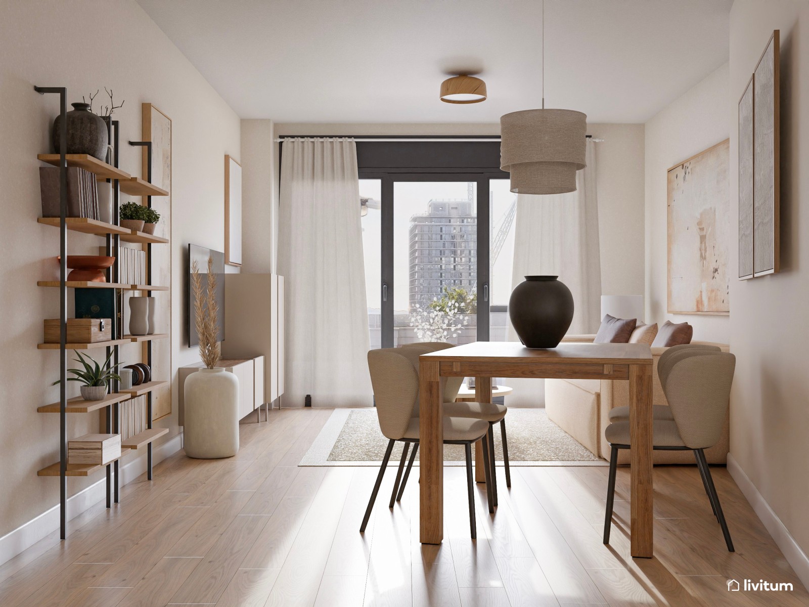 Salón comedor minimalista cálido con planta irregular 