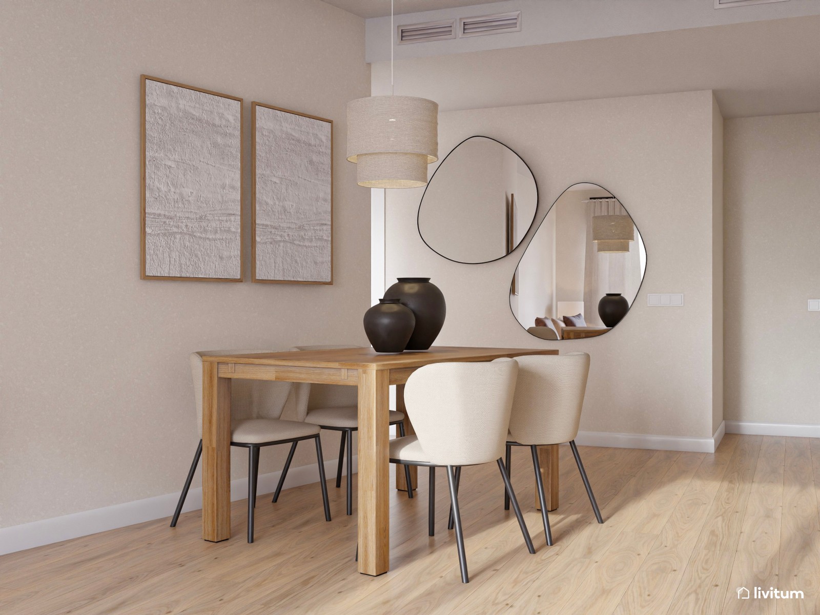 Salón comedor minimalista cálido con planta irregular 