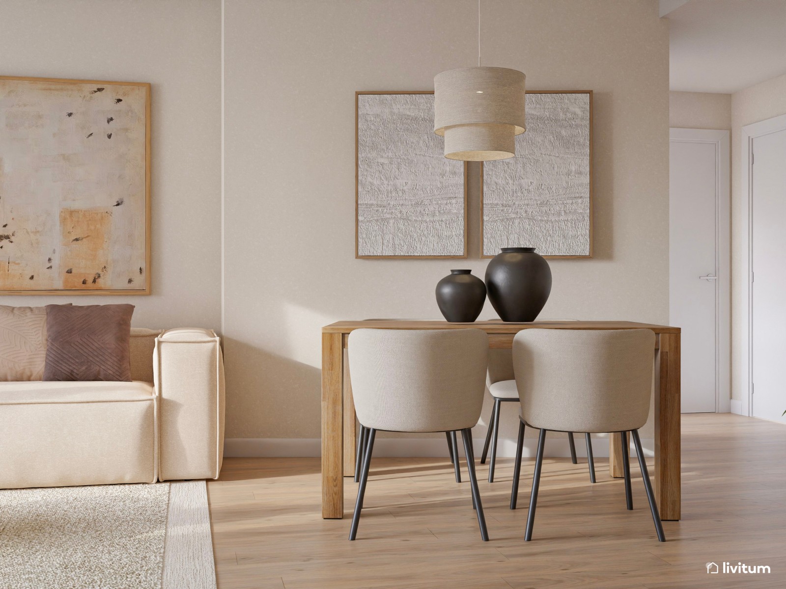 Salón comedor minimalista cálido con planta irregular 