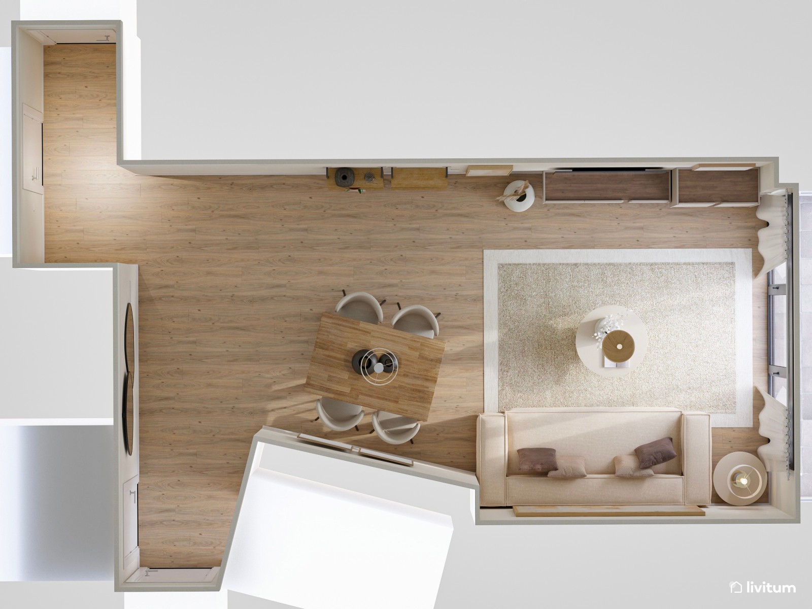 Salón comedor minimalista cálido con planta irregular 