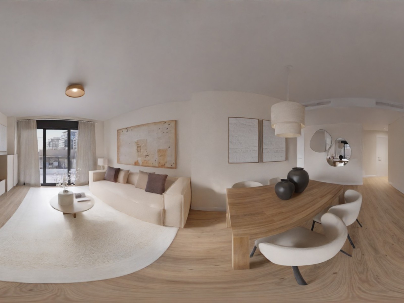 Salón comedor minimalista cálido con planta irregular 