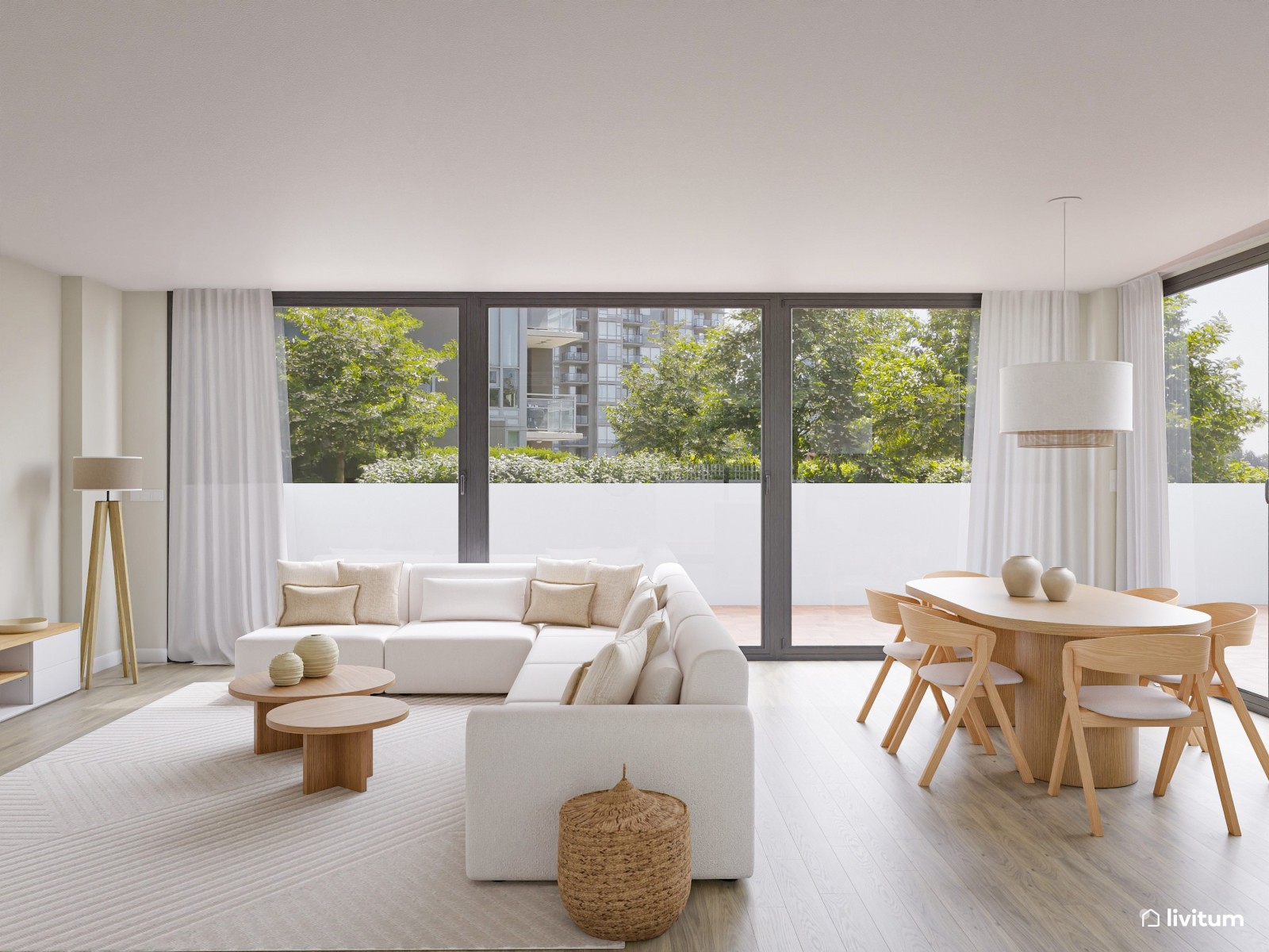 Salón comedor minimalista con amplio sofá rinconero