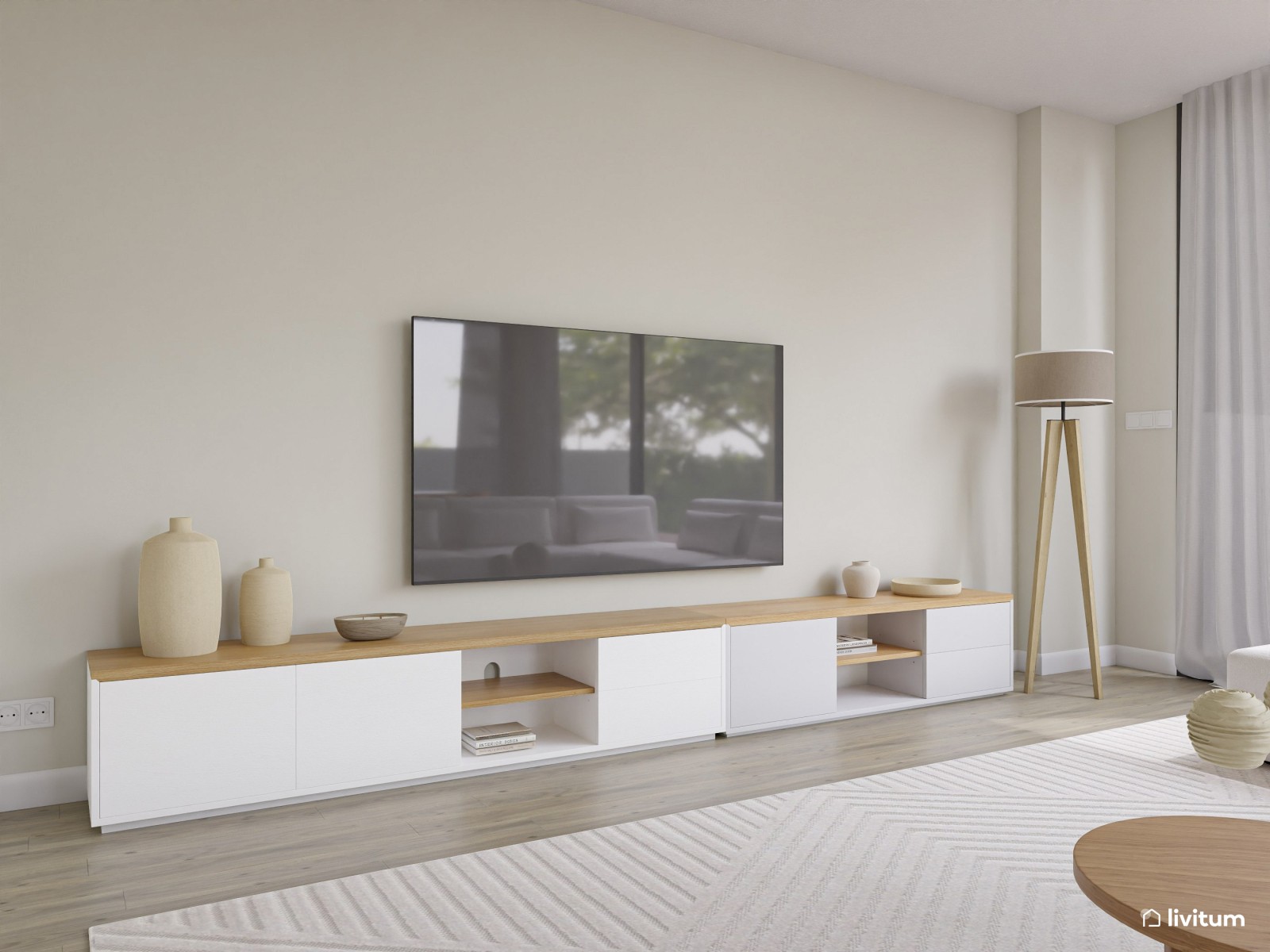 Salón comedor minimalista con amplio sofá rinconero