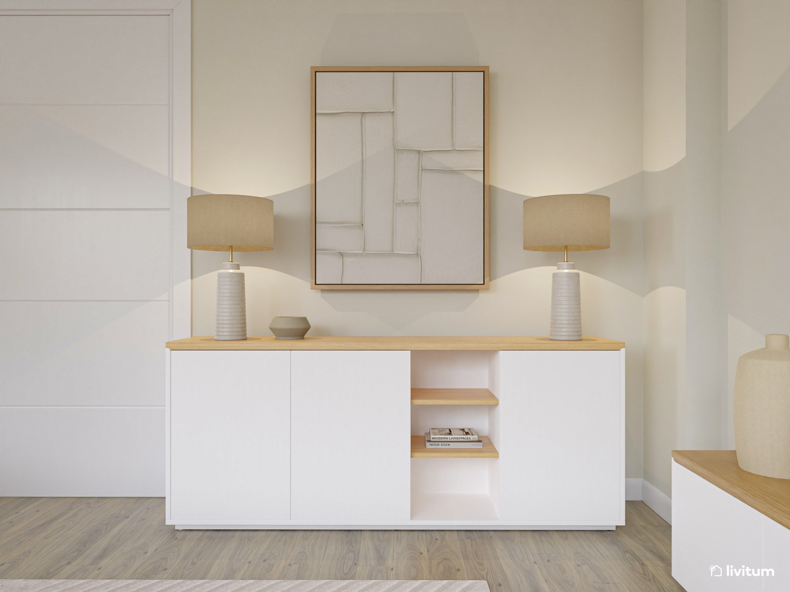 Salón comedor minimalista con amplio sofá rinconero