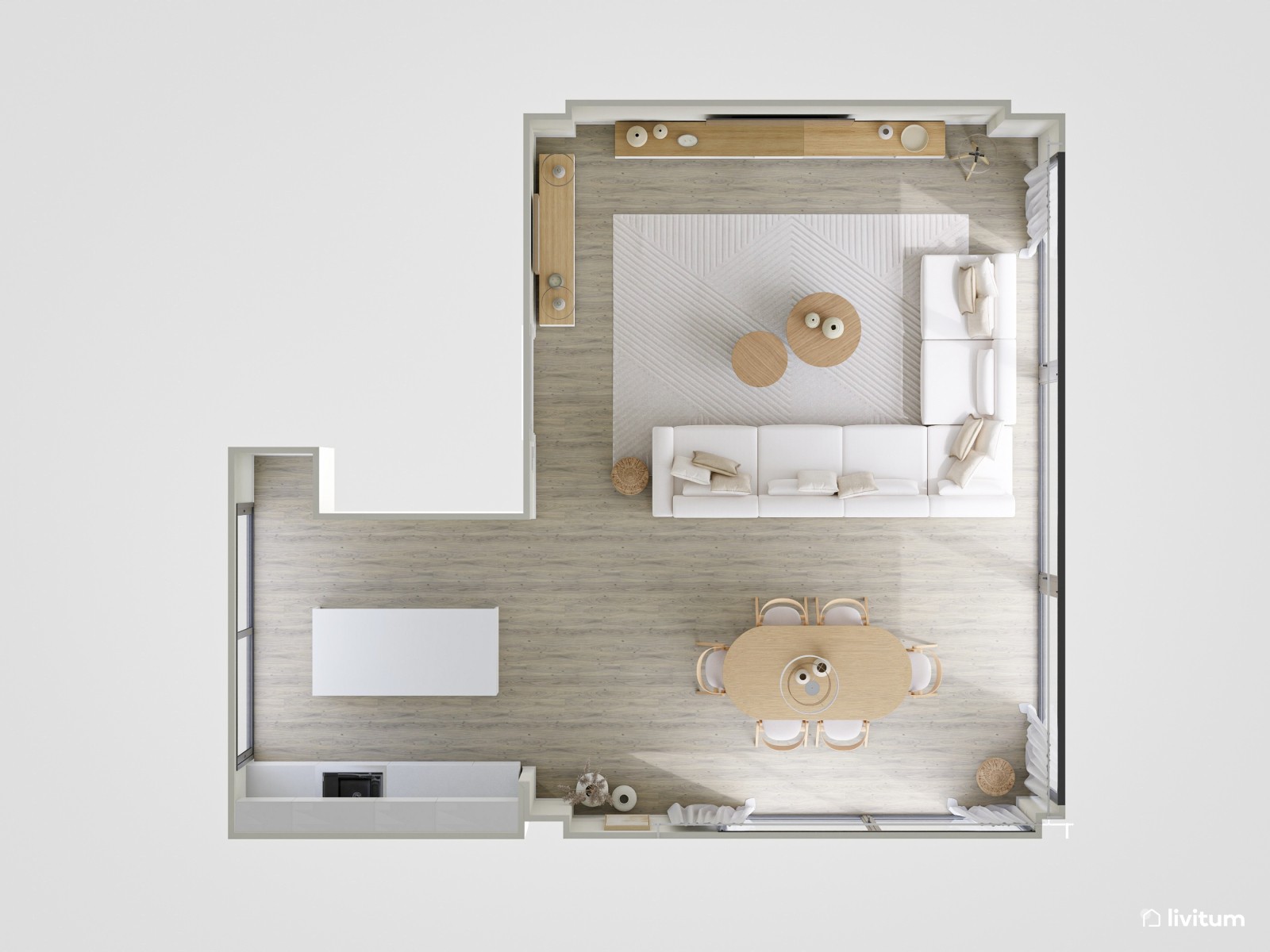 Salón comedor minimalista con amplio sofá rinconero