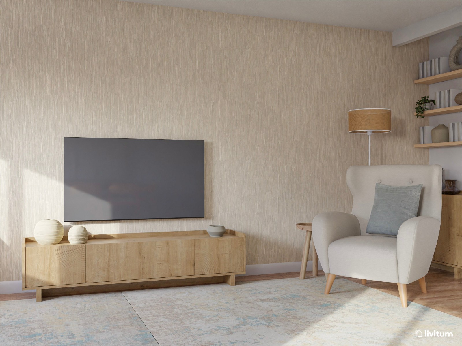 Salón comedor minimalista con dos sofás y una gran butaca