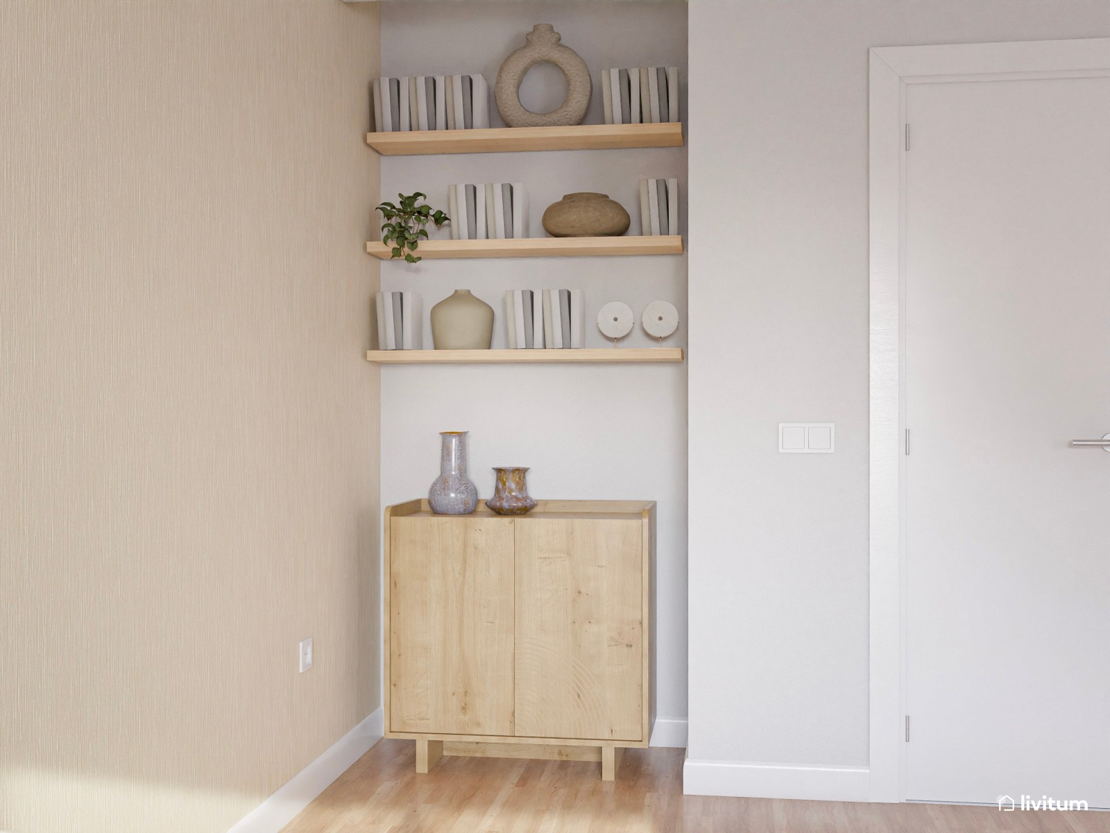 Salón comedor minimalista con dos sofás y una gran butaca