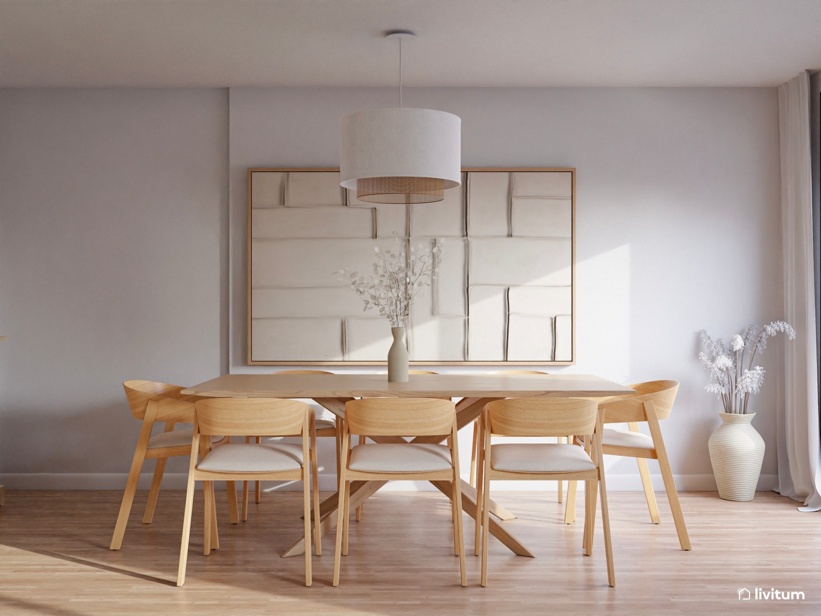 Salón comedor minimalista con dos sofás y una gran butaca