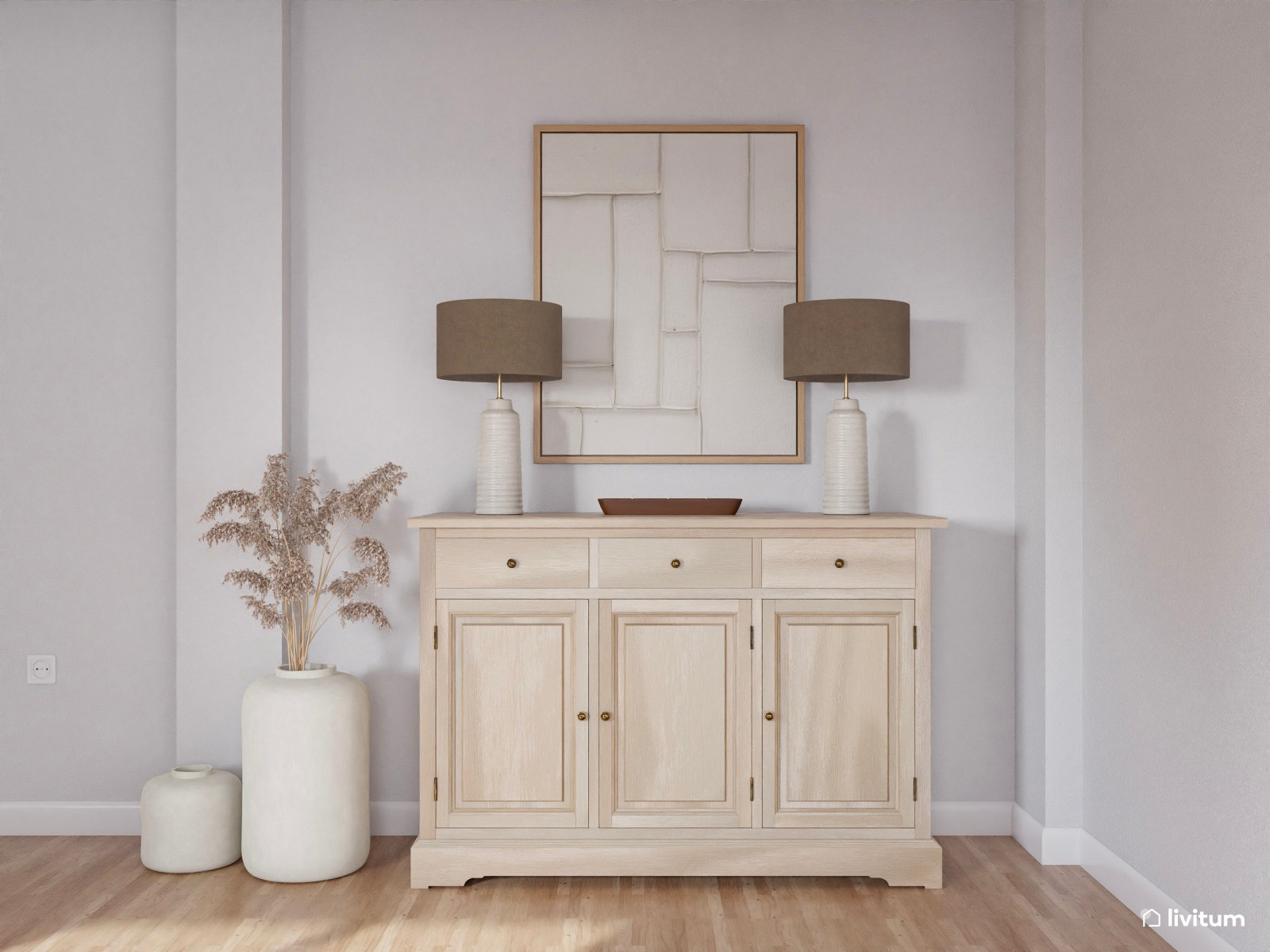 Salón comedor minimalista con dos sofás y una gran butaca