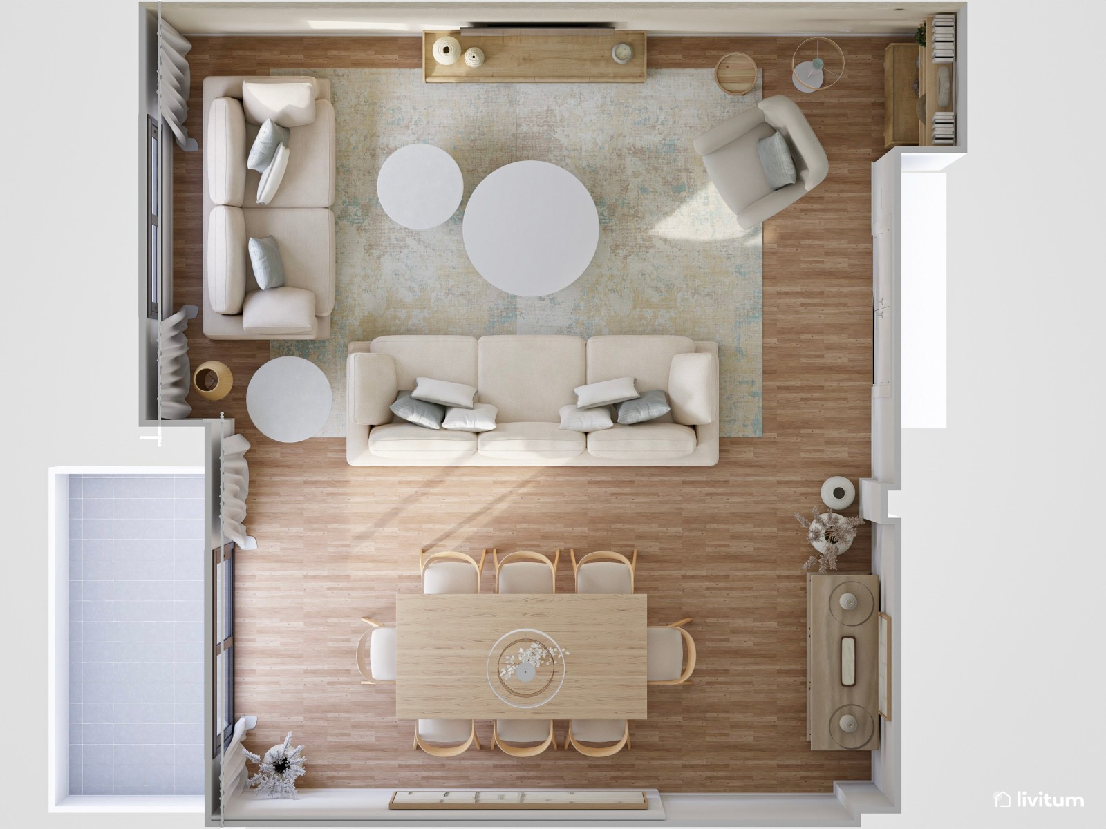 Salón comedor minimalista con dos sofás y una gran butaca
