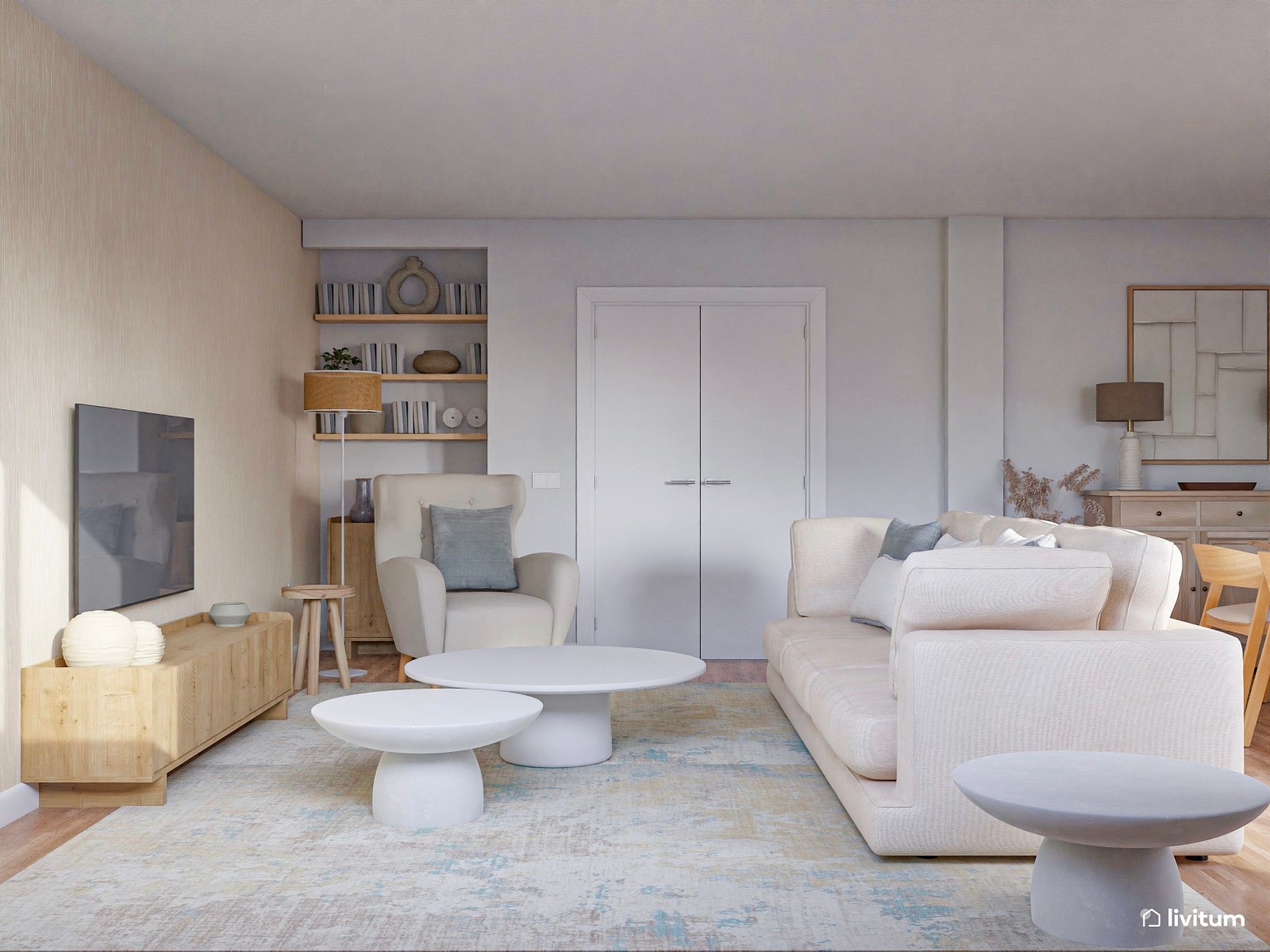 Salón comedor minimalista con dos sofás y una gran butaca