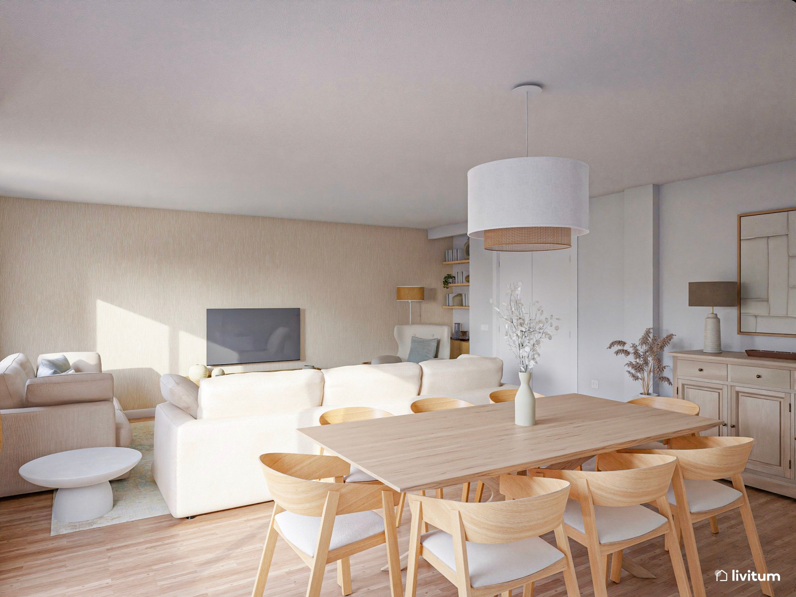 Salón comedor minimalista con dos sofás y una gran butaca