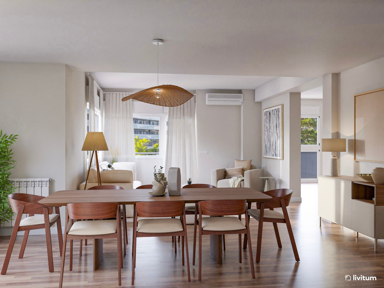 Salón comedor minimalista con muebles color nogal