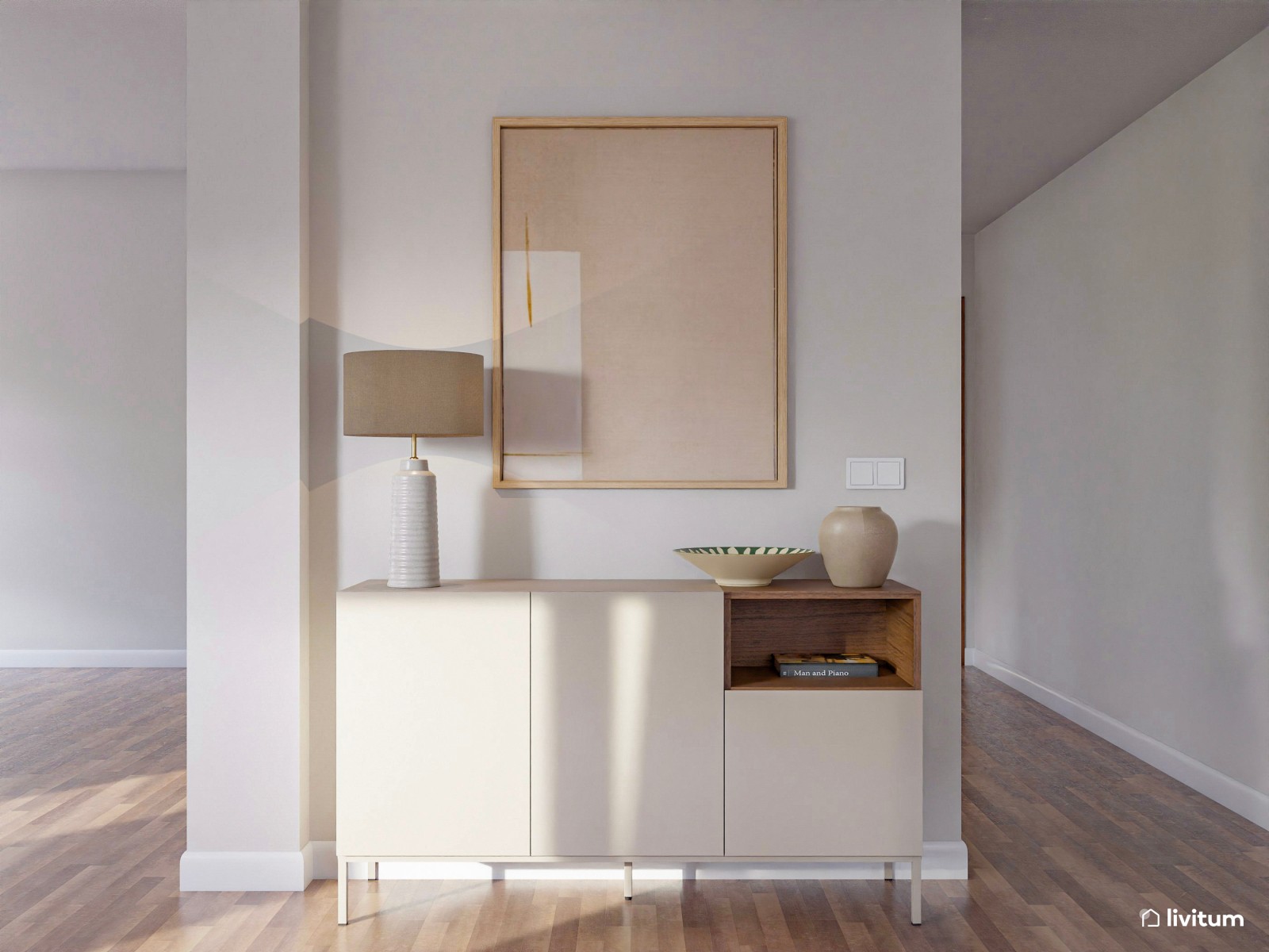 Salón comedor minimalista con muebles color nogal