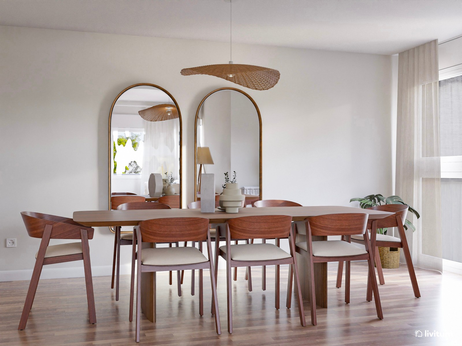 Salón comedor minimalista con muebles color nogal