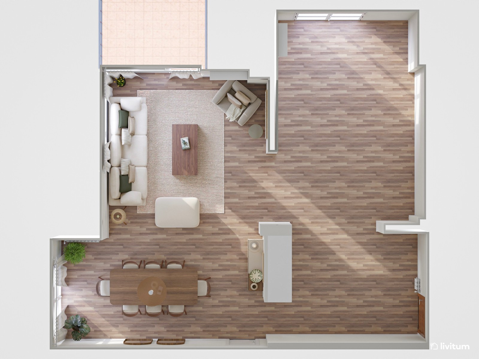 Salón comedor minimalista con muebles color nogal