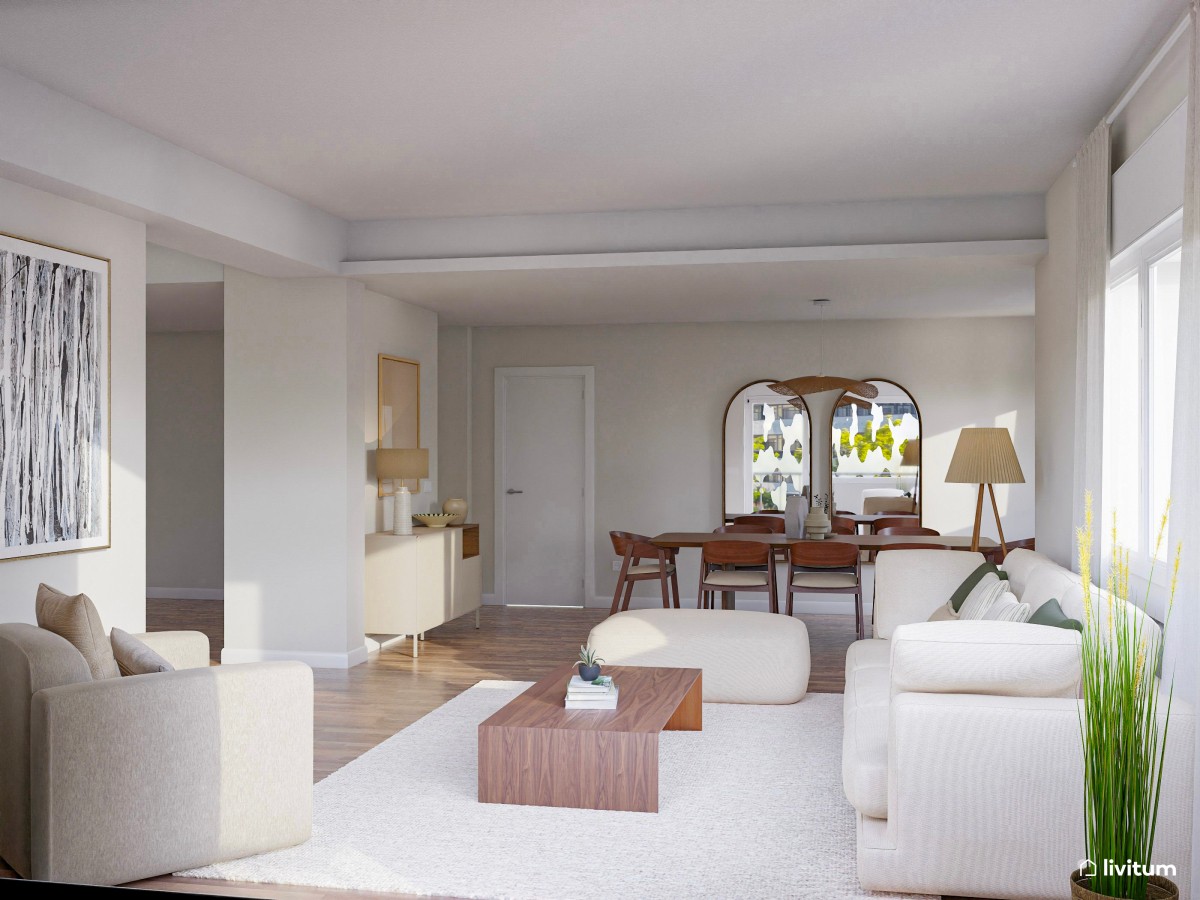 Salón comedor minimalista con muebles color nogal