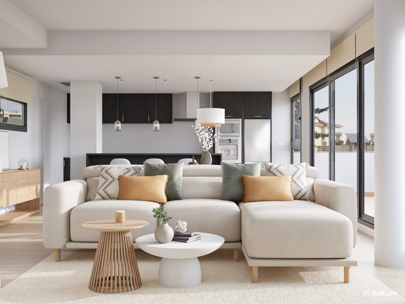 Salón comedor minimalista con piezas de estilo nórdico y textiles claros