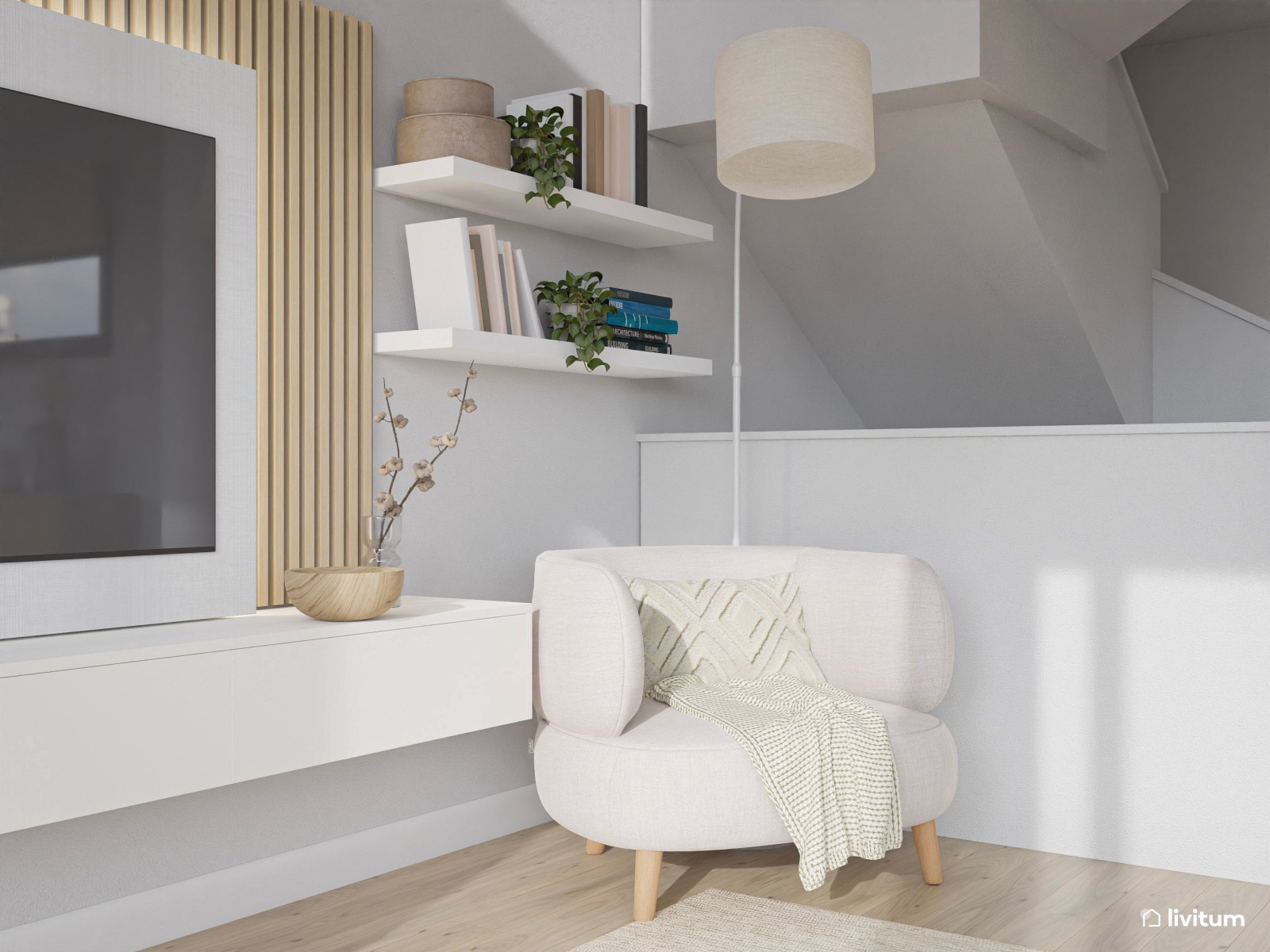 Salón comedor minimalista con piezas de estilo nórdico y textiles claros