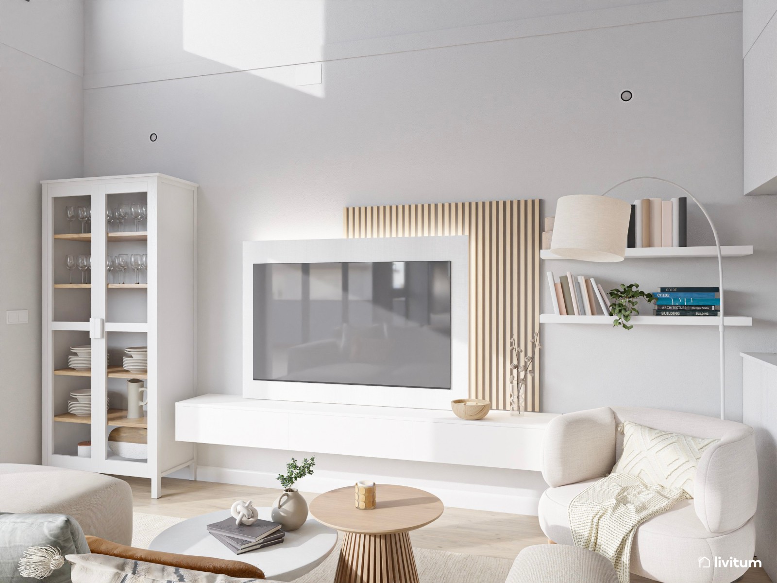 Salón comedor minimalista con piezas de estilo nórdico y textiles claros