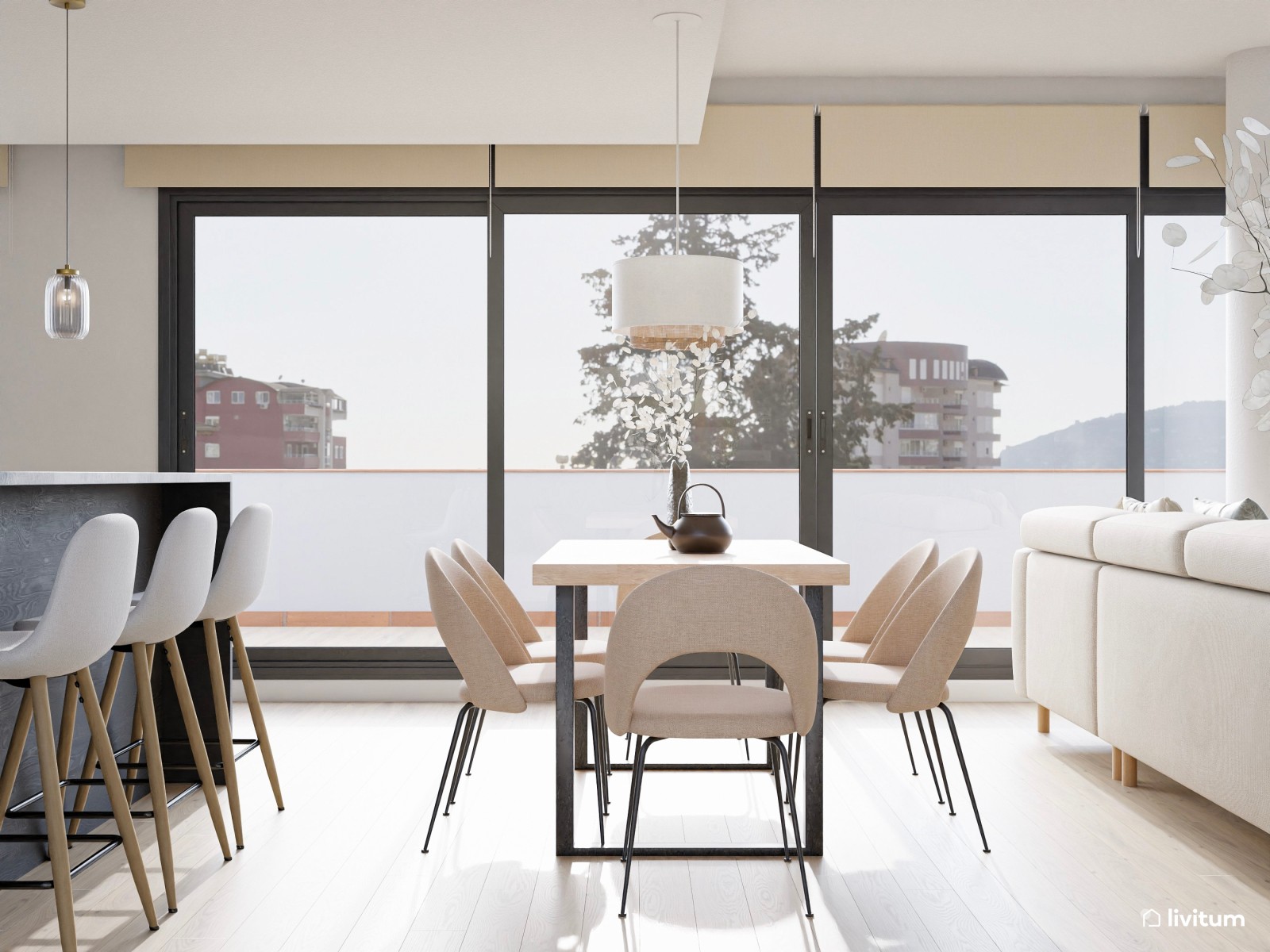 Salón comedor minimalista con piezas de estilo nórdico y textiles claros
