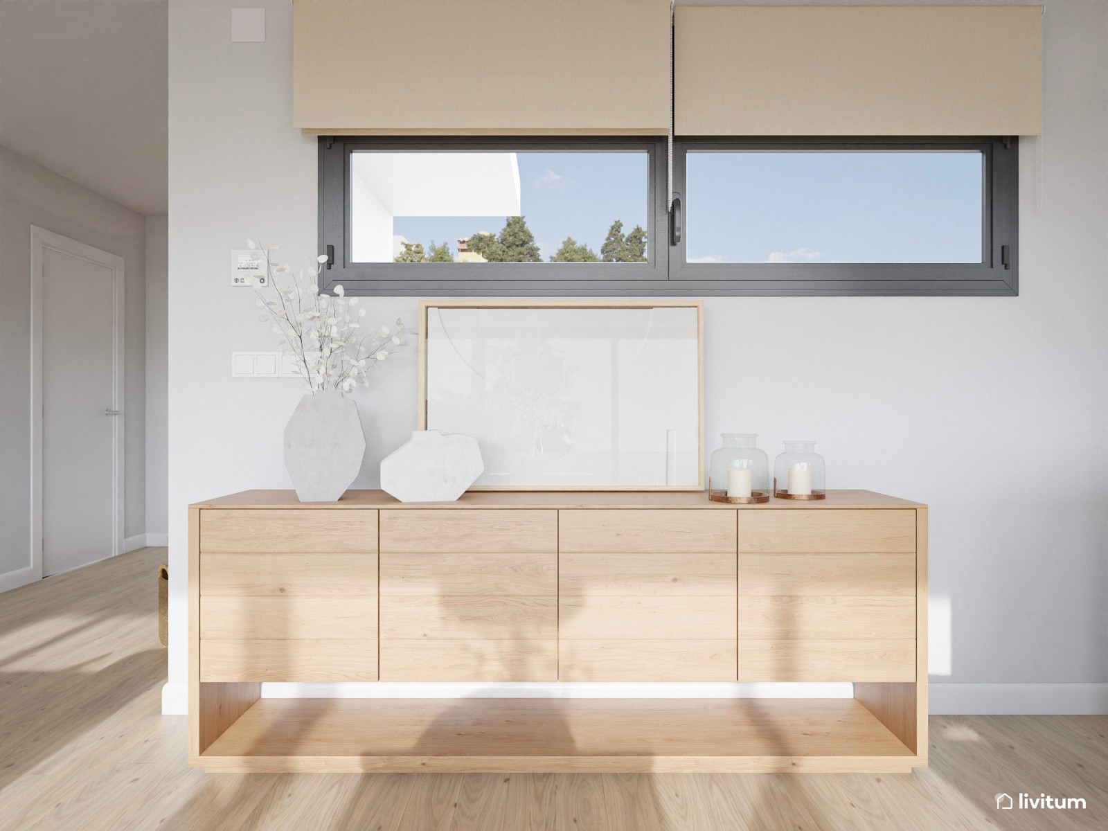 Salón comedor minimalista con piezas de estilo nórdico y textiles claros