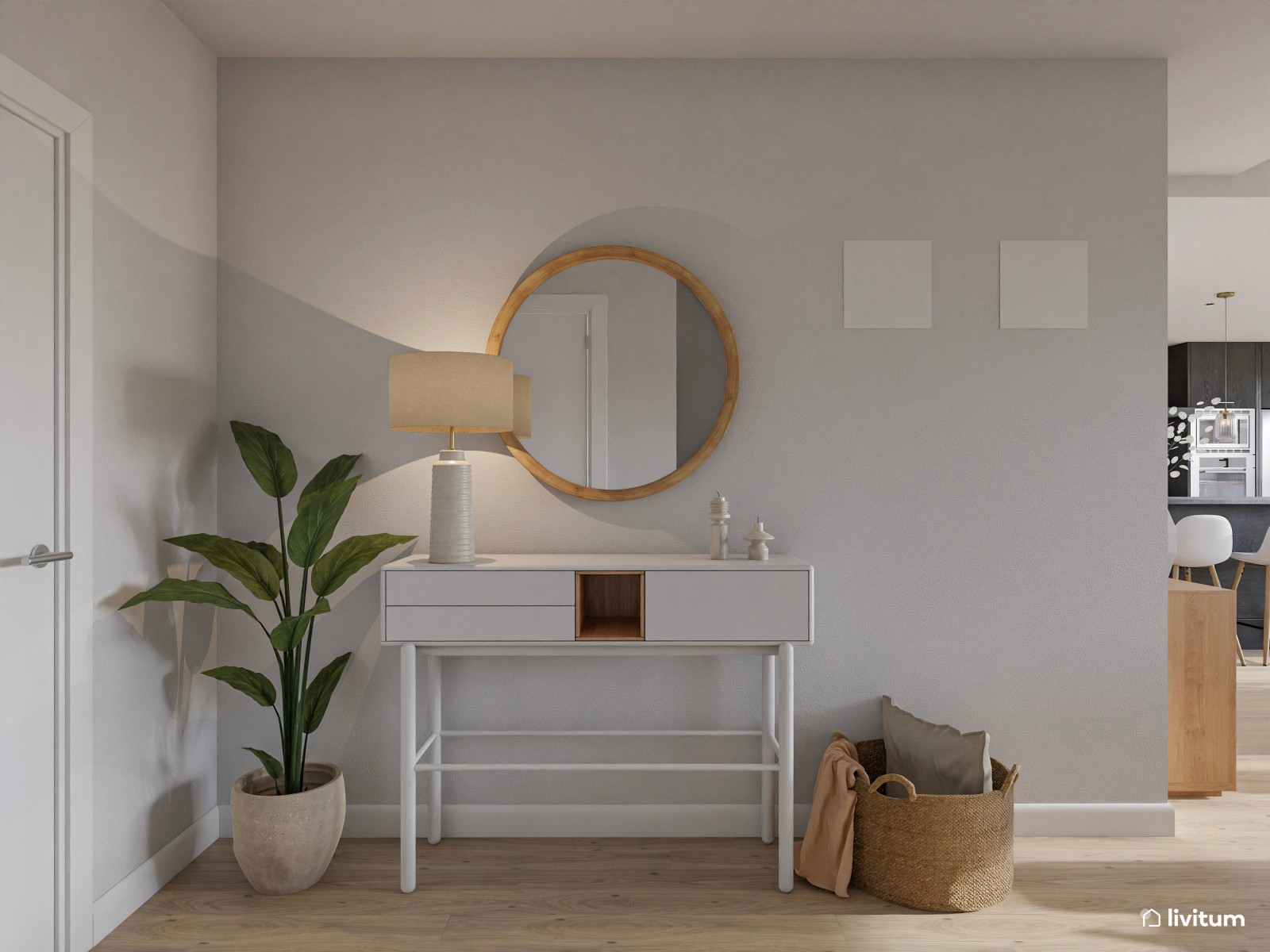 Salón comedor minimalista con piezas de estilo nórdico y textiles claros