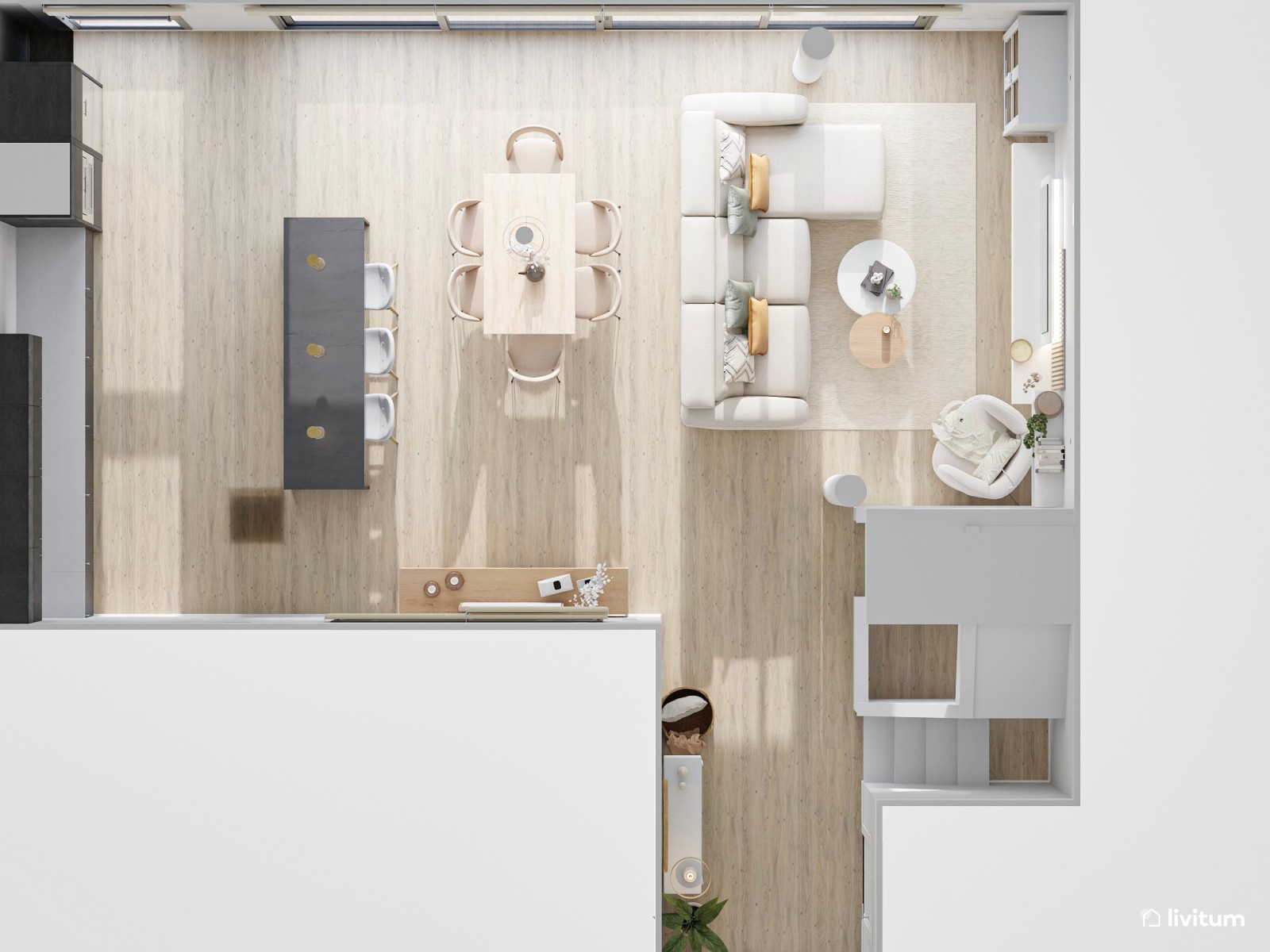 Salón comedor minimalista con piezas de estilo nórdico y textiles claros