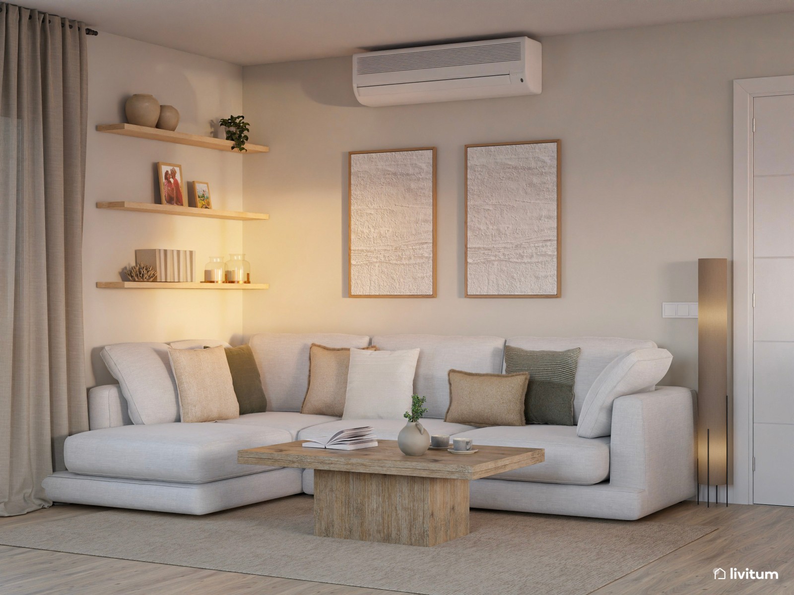 Salón comedor minimalista y con chimenea integrada 