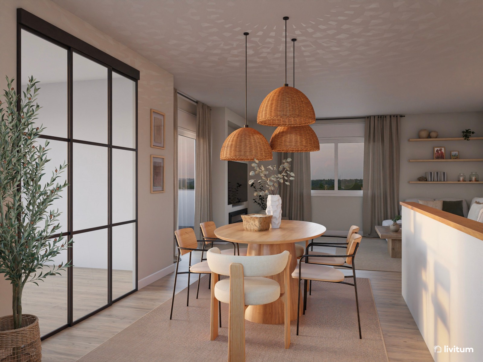 Salón comedor minimalista y con chimenea integrada 