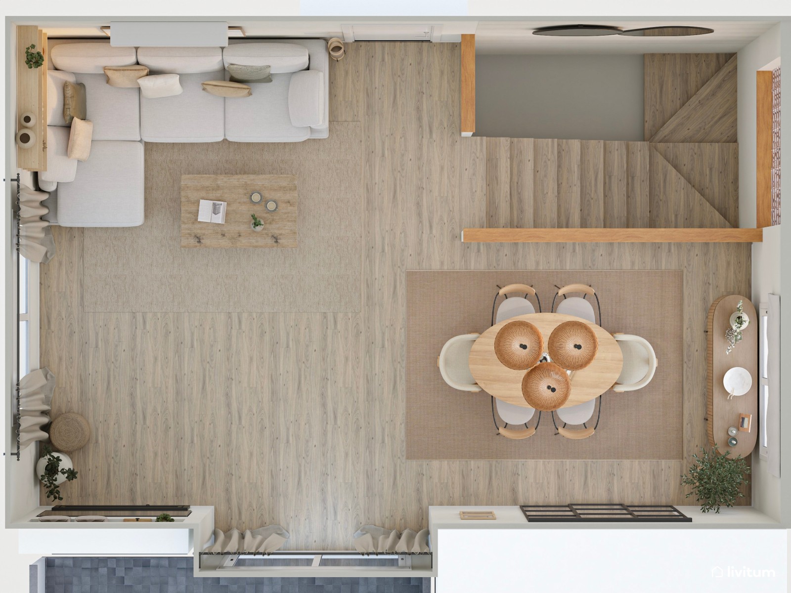 Salón comedor minimalista y con chimenea integrada 