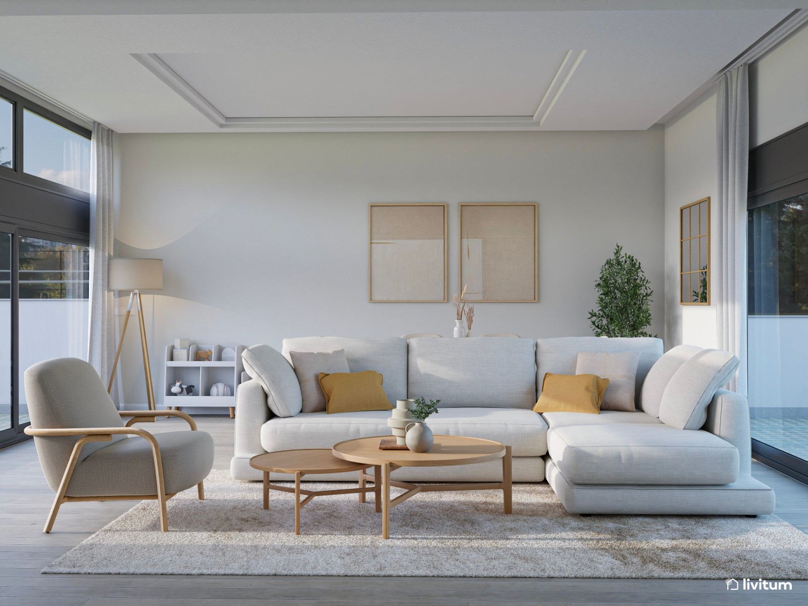Salón comedor minimalista y nórdico con cómodo sofá blanco