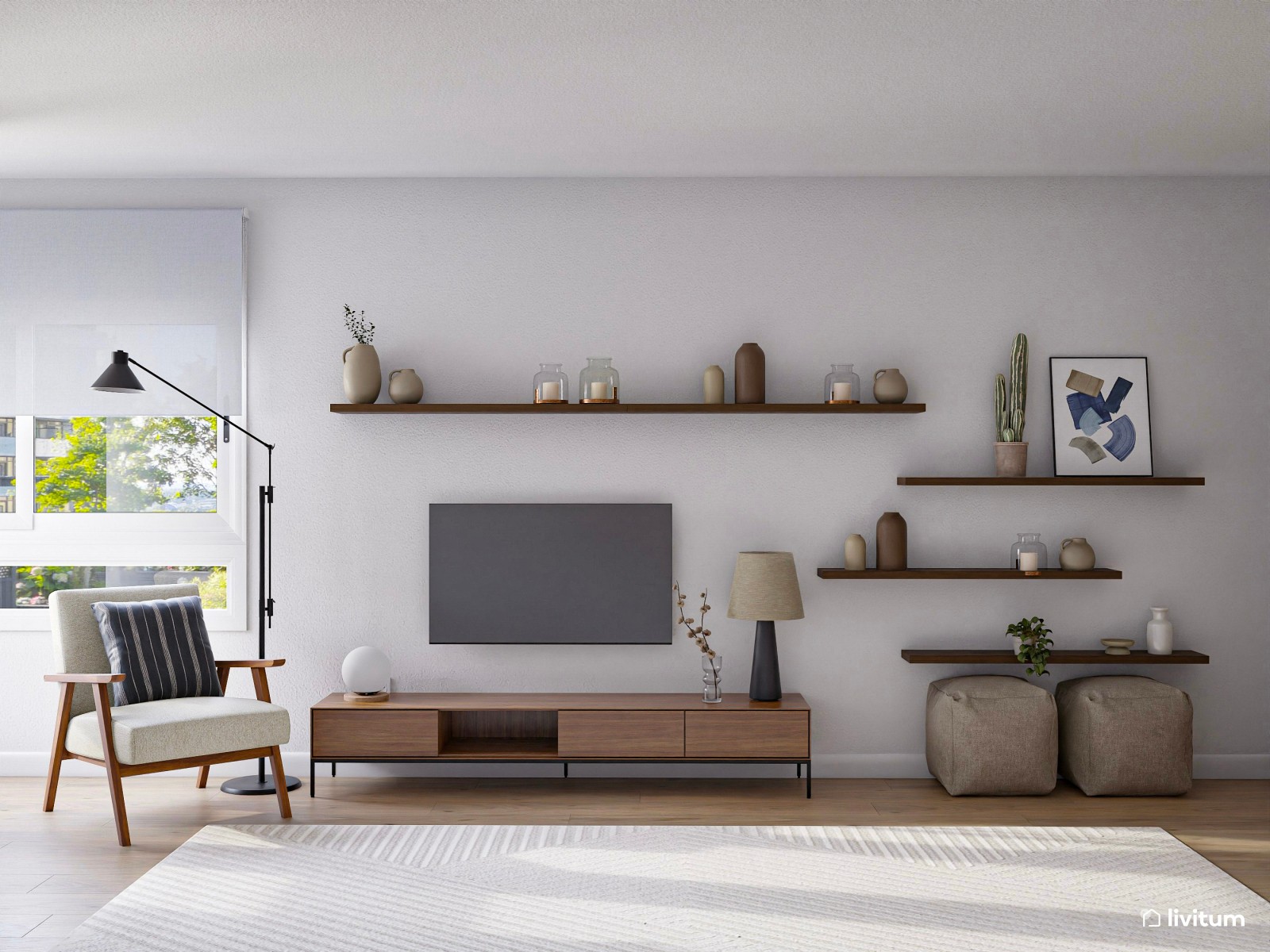 Salón comedor moderno con acentos azules y estanterías flotantes