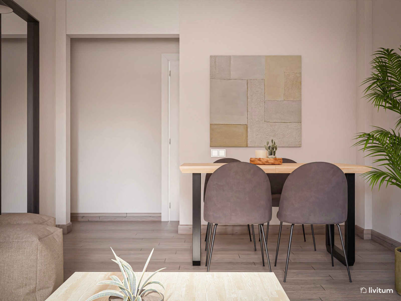 Salón comedor moderno con base neutra y detalles en negro 