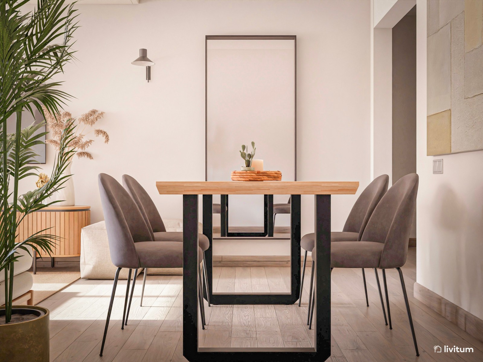 Salón comedor moderno con base neutra y detalles en negro 