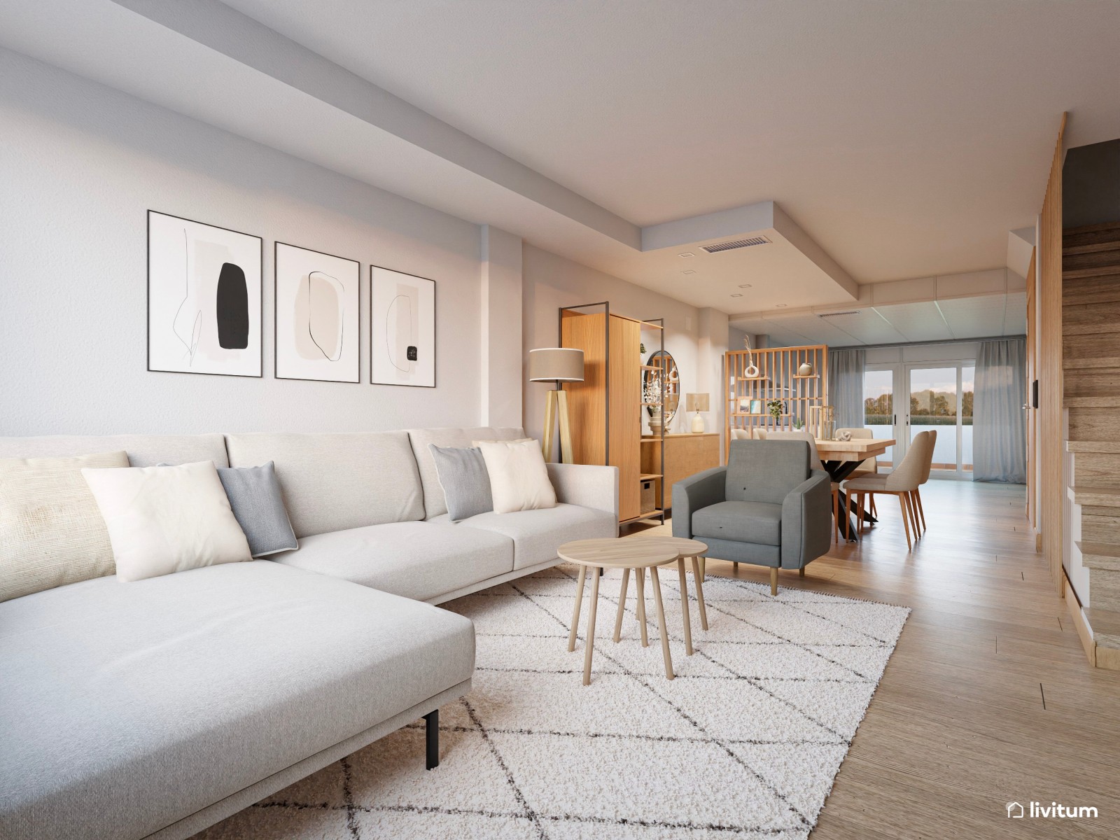 Salón comedor moderno con cocina abierta y separador de ambientes
